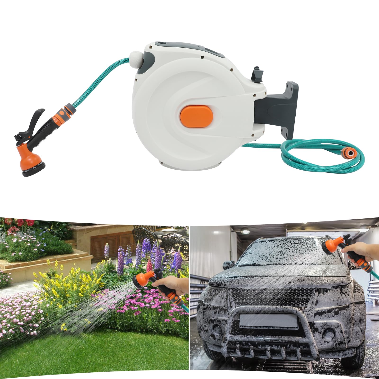 Schlauchtrommel, 37x37cm Gartenschlauch Trommel, Gartenschlauchaufroller mit 20 m Ausziehbarem Schlauch für die Autopflege und -Reinigung, in Fertigungsstraßen, Produktionswerkstätten