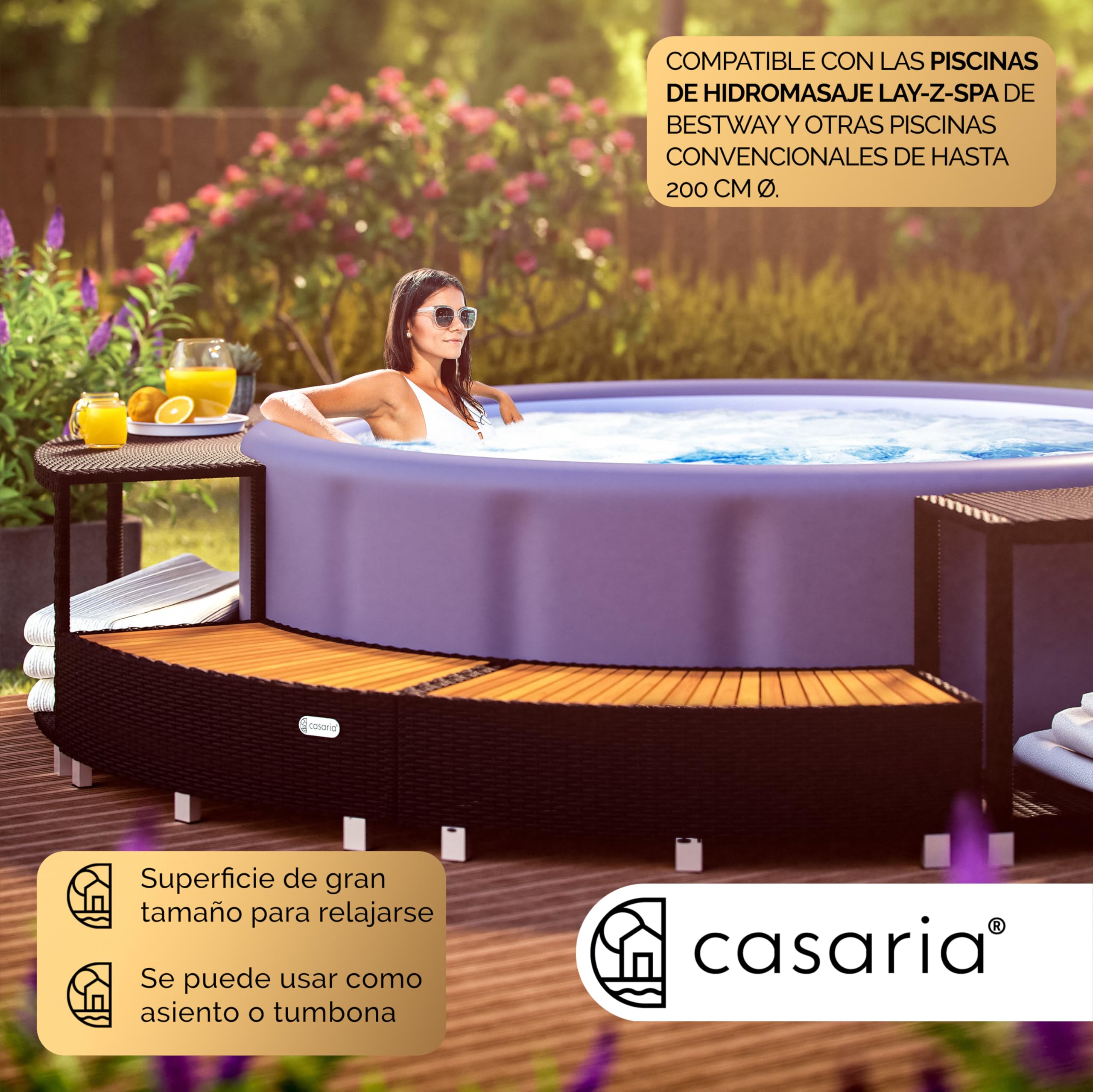 CASARIA Borde de Bañera Hidromasaje Soporte Piscina SPA Ø206cm Poliratán Madera FSC® Acero Exteriores