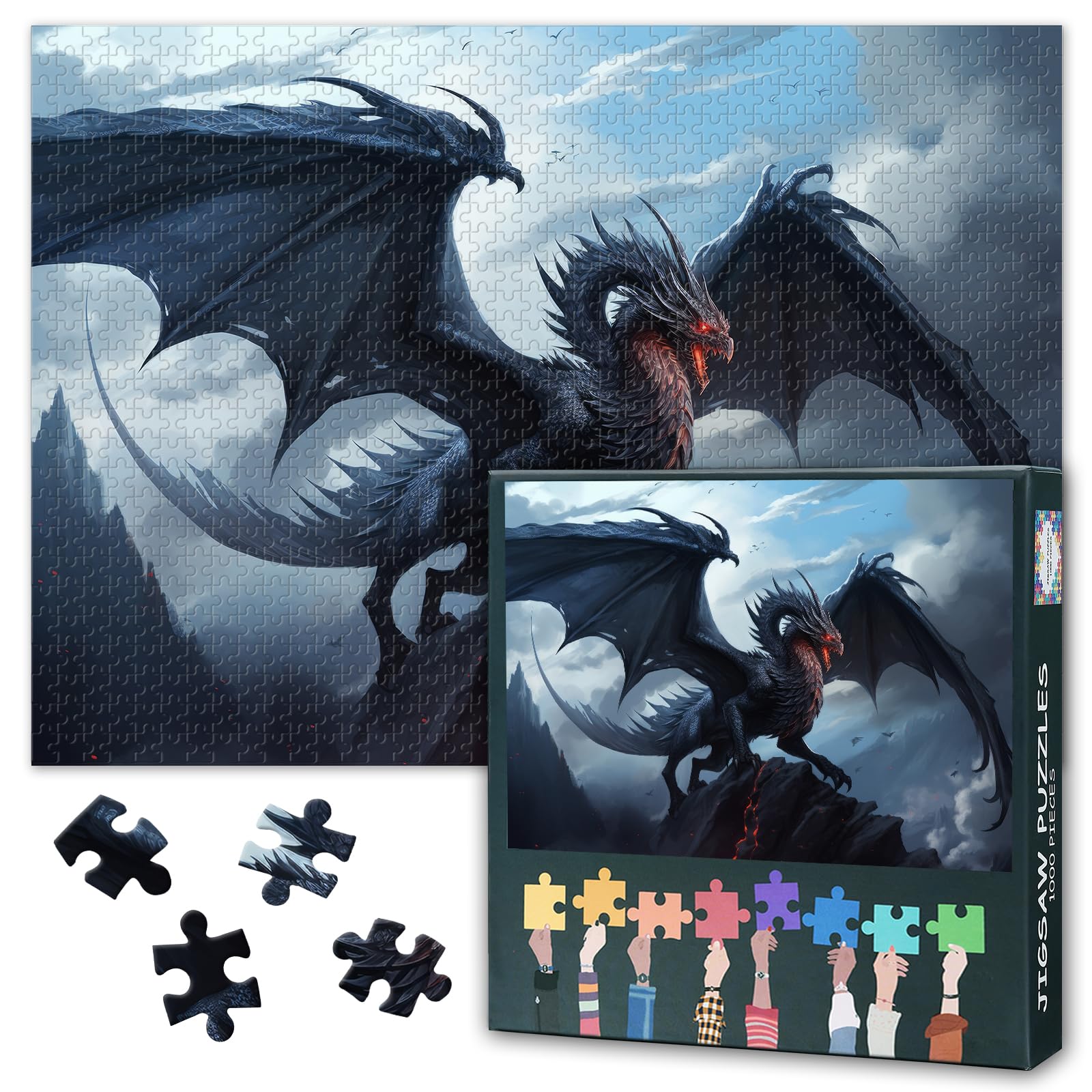 Dragon Puzzles for Adults 1000 Pieces, Fierce Fantasy Black Winged Dragon Jigsaw Puzzles, Adult Puzzle for Adults, Educational Fun Games or Toys for Elders Friends 20X27 INCH