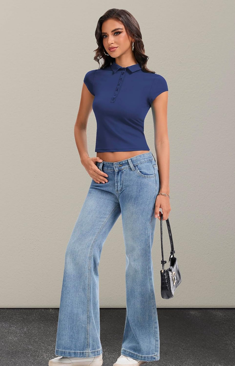 Womens Collared Shirts Fitted Polo Shirt Short Sleeve V Neck Summer Tops - Image 3