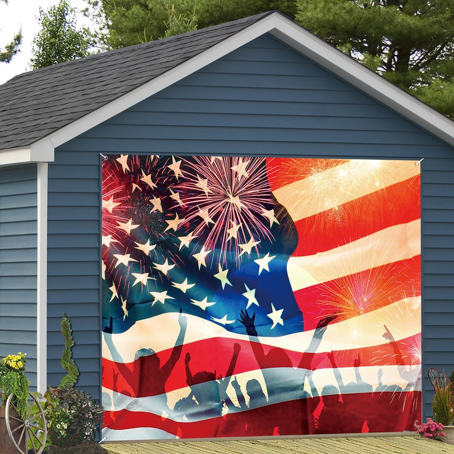 7x8ft American Flag Garage Door Decor Red Blue Star Flag Golden Firework Celebrating Garage Door Cover Independence Day 4th of July Patriotic President's Day Garage Door Decor