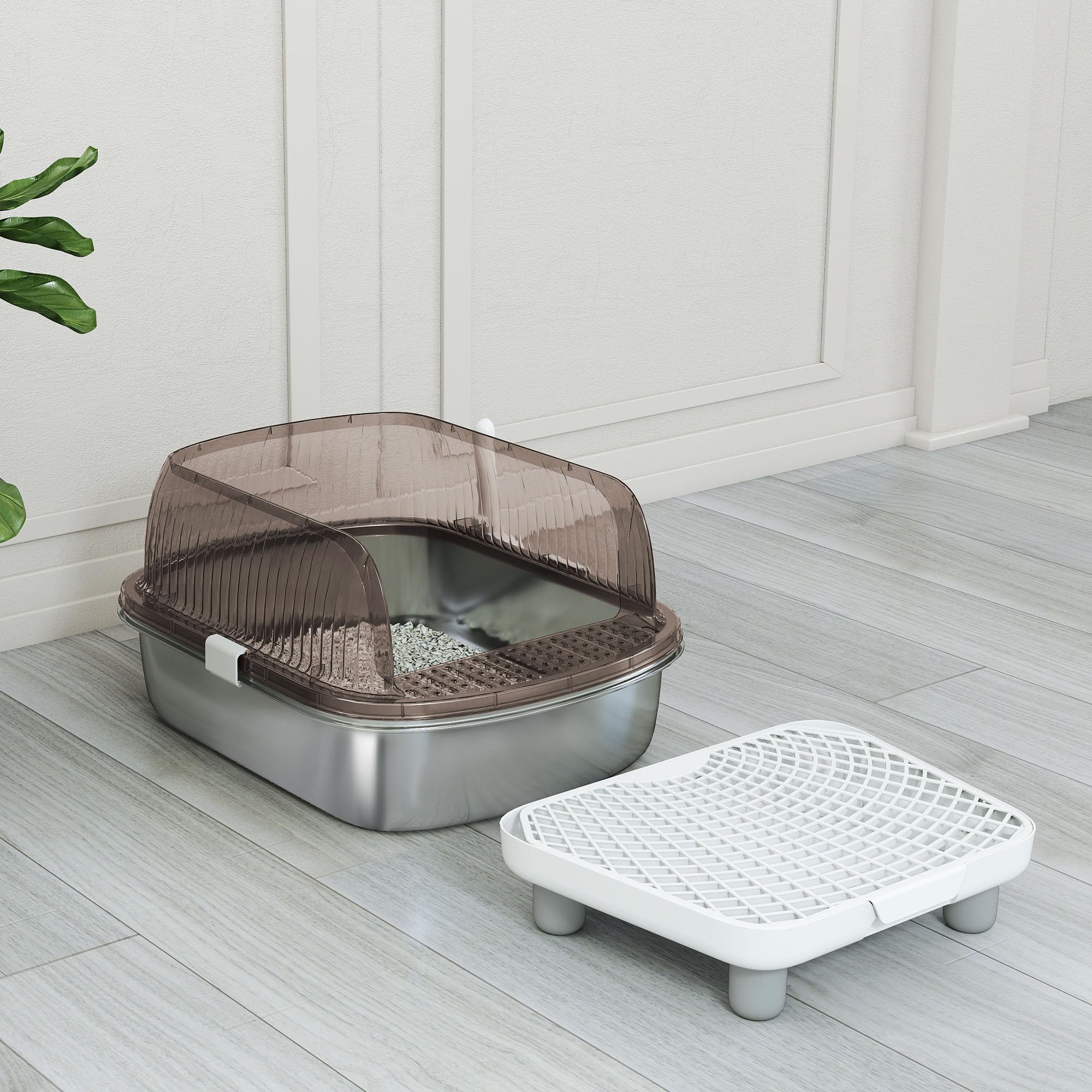 PawHut Arenero para Gatos Cubierto Extragrande Peldaño Pala Gris | Bandeja de Acero Inoxidable, Caja de Arena Cerrado, Bordes Altos, Zona para Caída de Arena, sin Olor, Fácil Limpieza