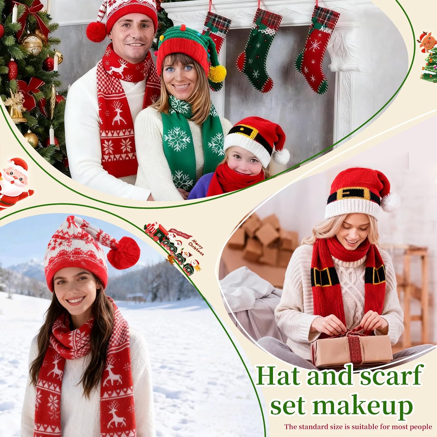 8PCS Christmas Knitted Hat and Santa Scarf Set, Elf Hat Crochet Christmas Scarf, Xmas Party Hats with Pompom, Knitted Caps for Adult Teens XAMS Photo Booth Props XAMS Gift Xmas Costume Accessories - Image 7