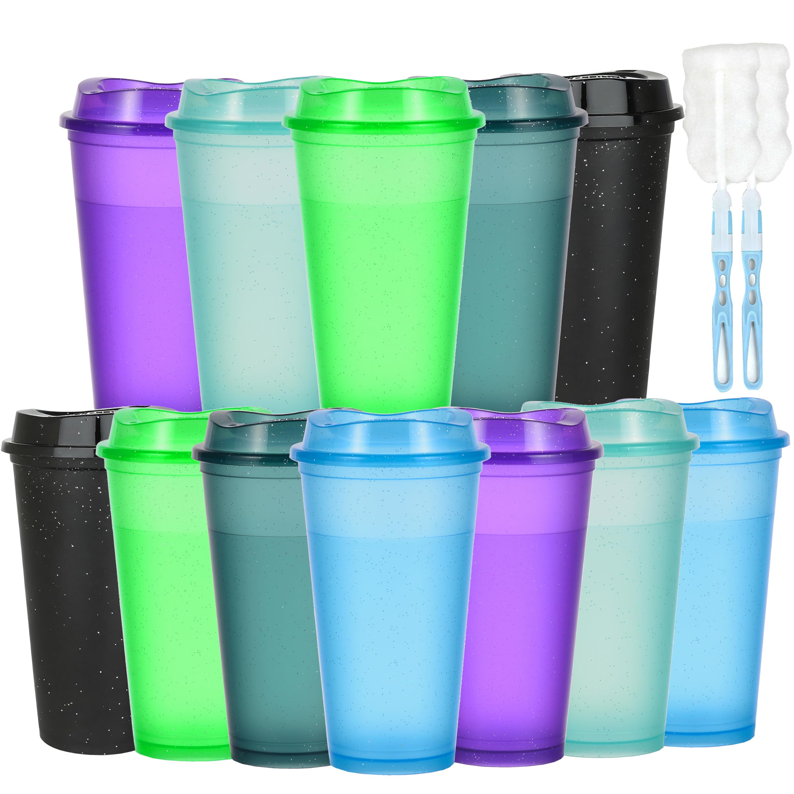 CuppaLifes 475ml Reusable Coffee Cups with Lids, 12 Pack Insulated Plastic Tumblers, Travel Mugs for Hot/Cold Drinks, Smoothie, Takeaway Cups for Adults (12, Glitter Dark)