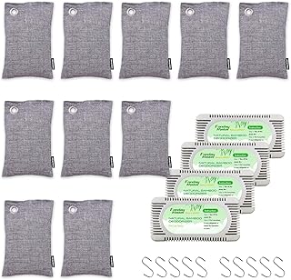 10 Packs Fonday Bamboo Charcoal Deodorizer Bags(100g each) with Hook and 4 packs fridge deodorizer, Odor Eliminator & Absorber Air Purifying for Gym Bag Shoe Car Pet Closet