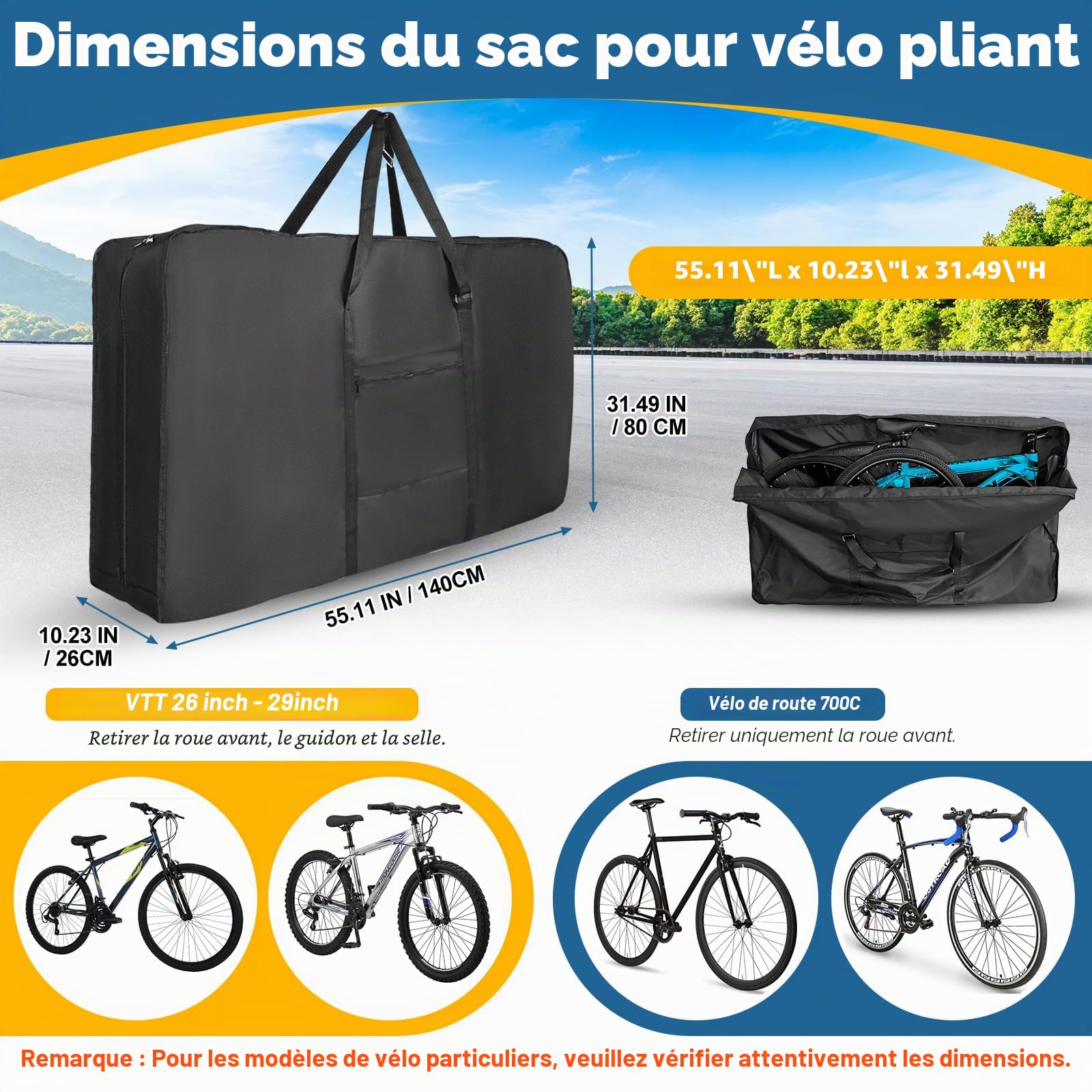 Sac de voyage pliable pour vélo, noir, 55,1 x 31,4 x 11 pouces (140 cm x 80 cm x 28 cm), sacoche de vélo multifonction