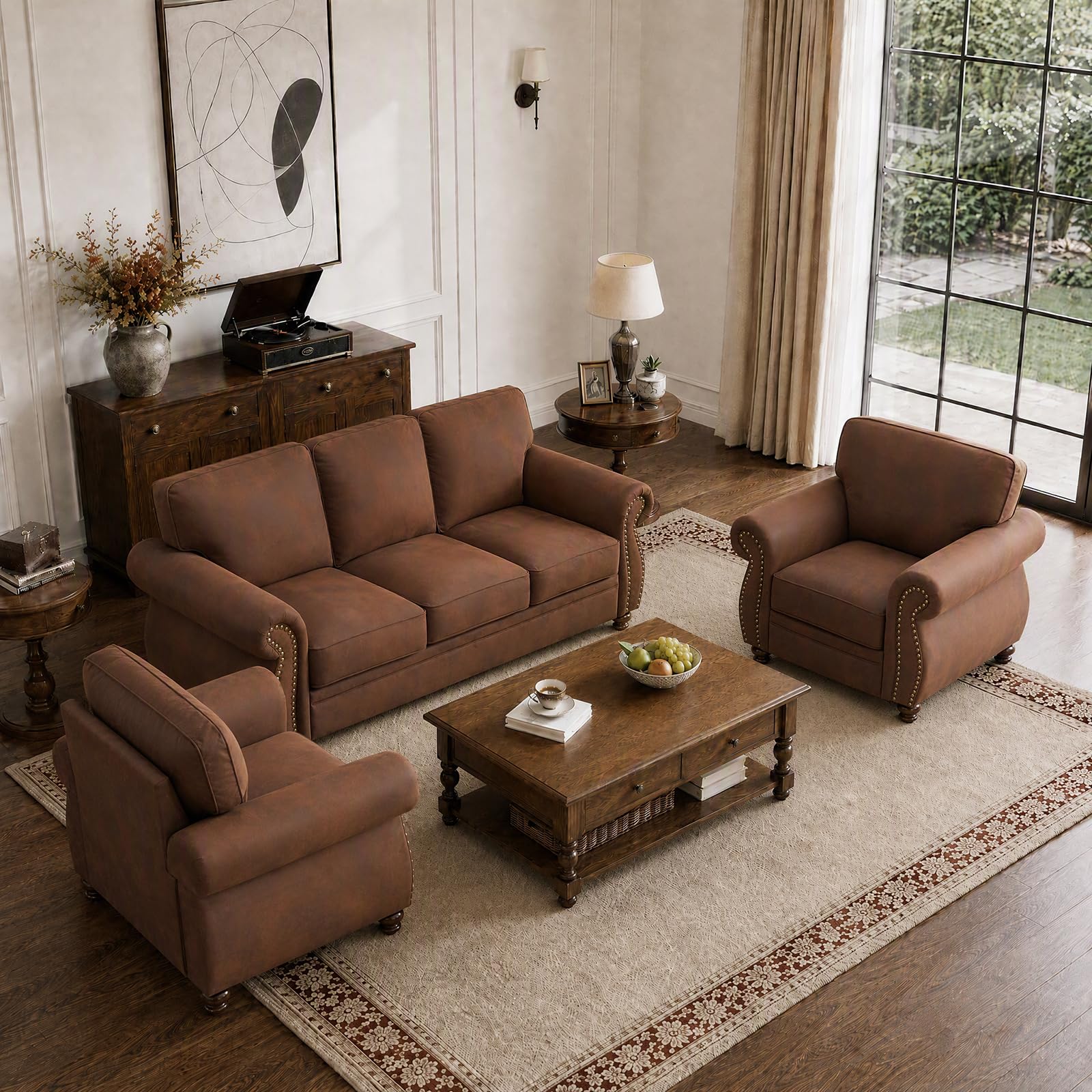 Couchus 88" W Living Room Furniture Sets, 3-Seater&amp;2 Single, Caramel Rust