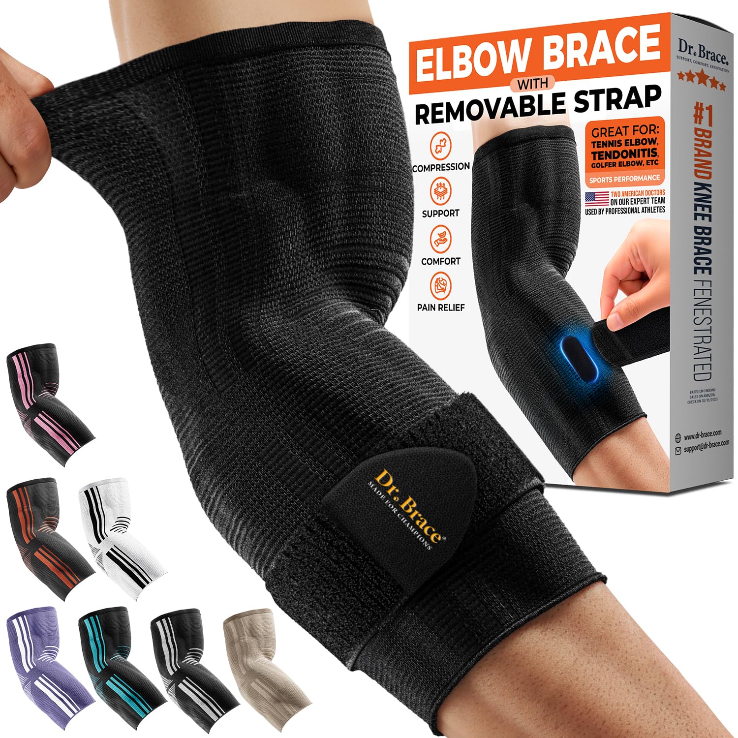 DR BRACE Elite Elbow Brace Support with Removable Strap for Women Men Pain Relief for Tendonitis Arthritis Golfers