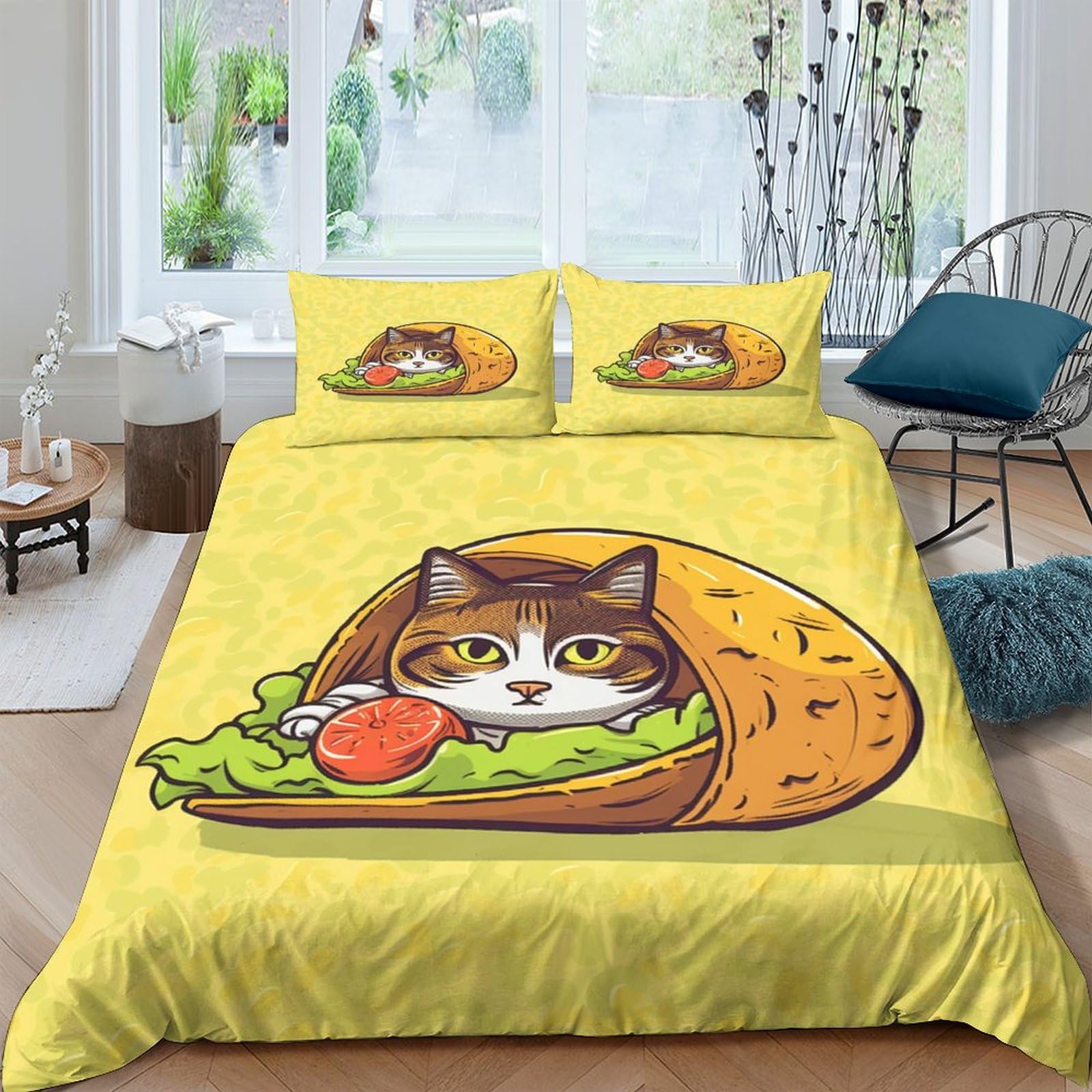 Housse de couette chat de sushi 200x200cm idéale pour une chambre d'enfant ludique et colorée