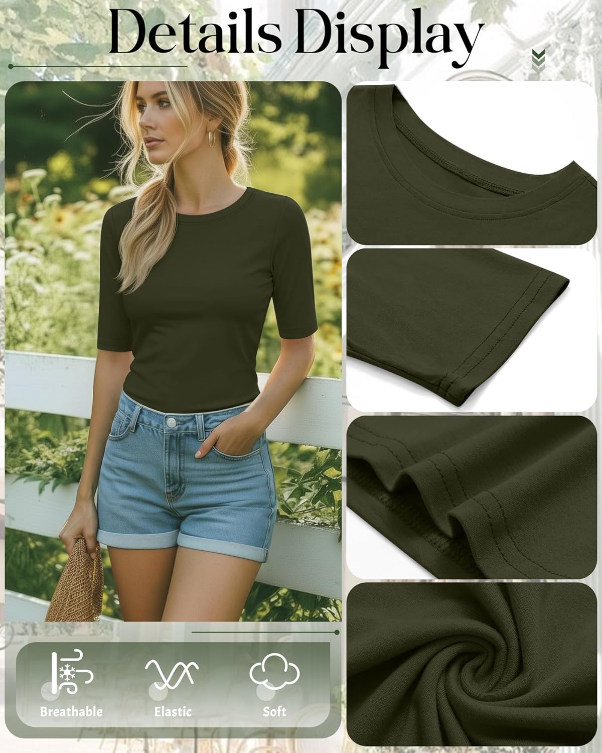 Riyiper 3 Pack Women's Half Sleeve Tops Crewneck 1/2 Sleeve T Shirts Elbow Length Tops Slim Fit Cotton Blend Basic Tees - Image 6