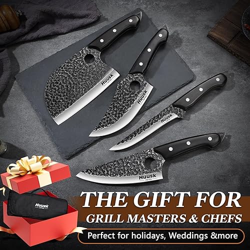 Miniatura 5 de Huusk Serbian Chef Knife Set - 6Pcs Hand Forged Butcher Knife Set for Meat Cutting, Viking Boning Knives with Bag for Kitchen Outdoor BBQ Camping,