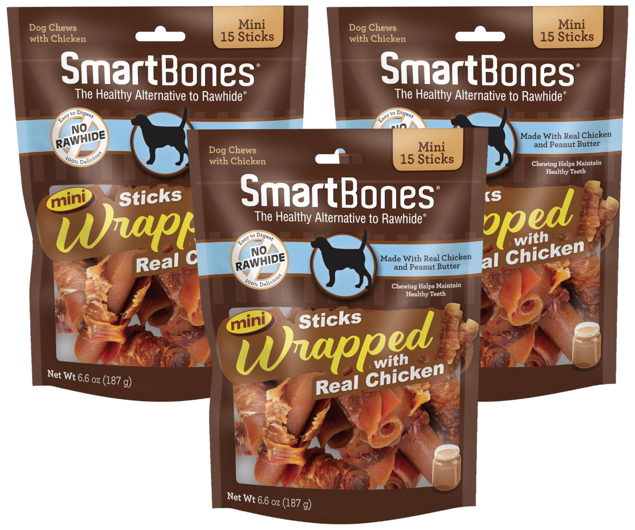 SmartBones Mini Chicken-Wrapped Sticks for Dogs with Real Peanut Butter, Rawhide-Free Dog Chew, 15 Count (Pack of 3)