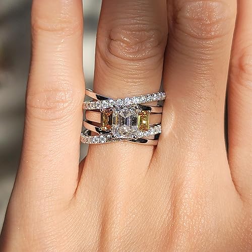 Miniatura 4 de DovEggs Anillos de compromiso de moissanita de corte esmeralda para mujer, 3.2 quilates en total de 0.236 x 0.315 in, juego de anillos de boda de