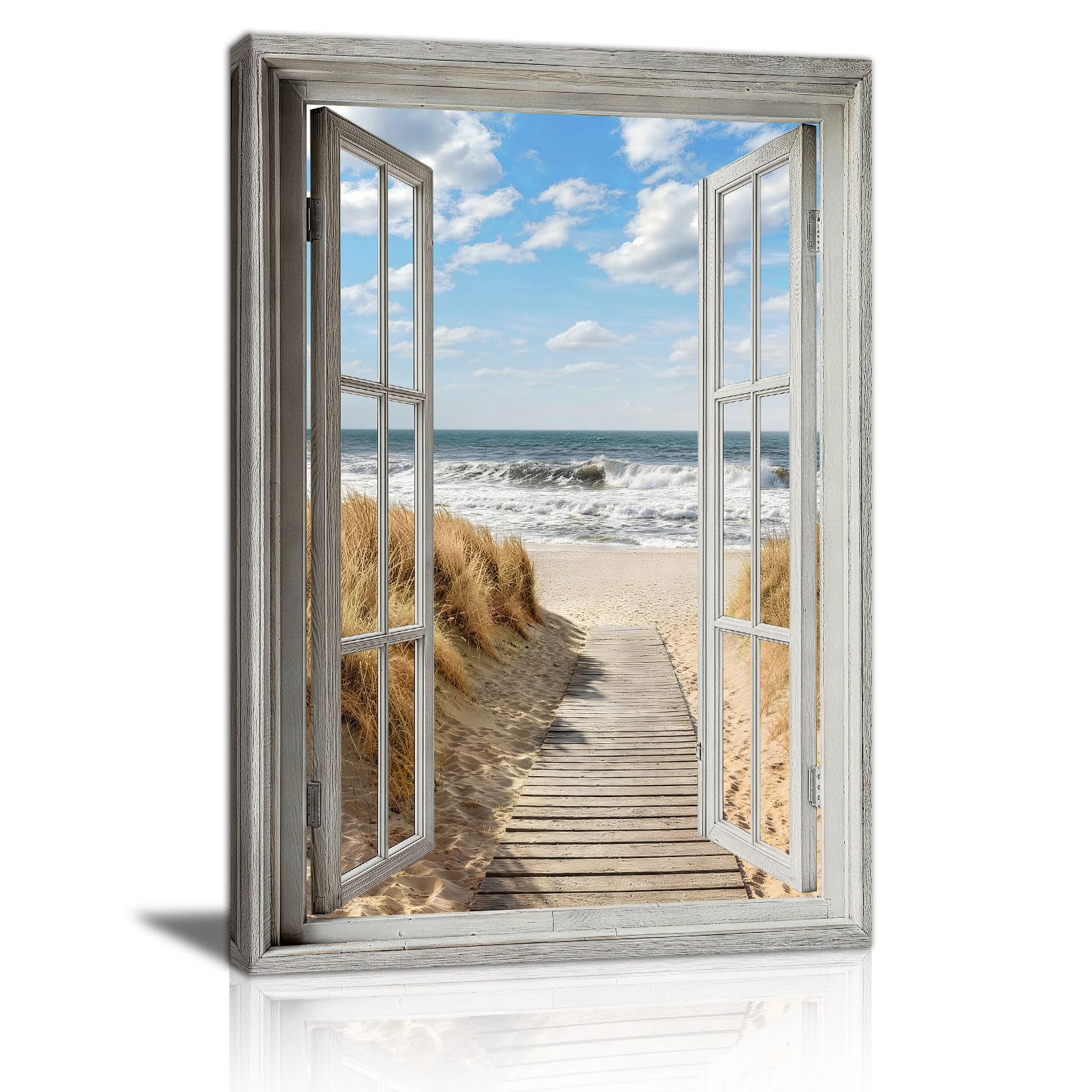 Beach View 3D Window Effect Canvas Wall Art Prints, Vintage Blue Coastline Scenery Wall Pictures Modern Natural Beach Reed Canvas Painting Artwork Home Decor for Bedroom Living Room Kitchen 40X60cm