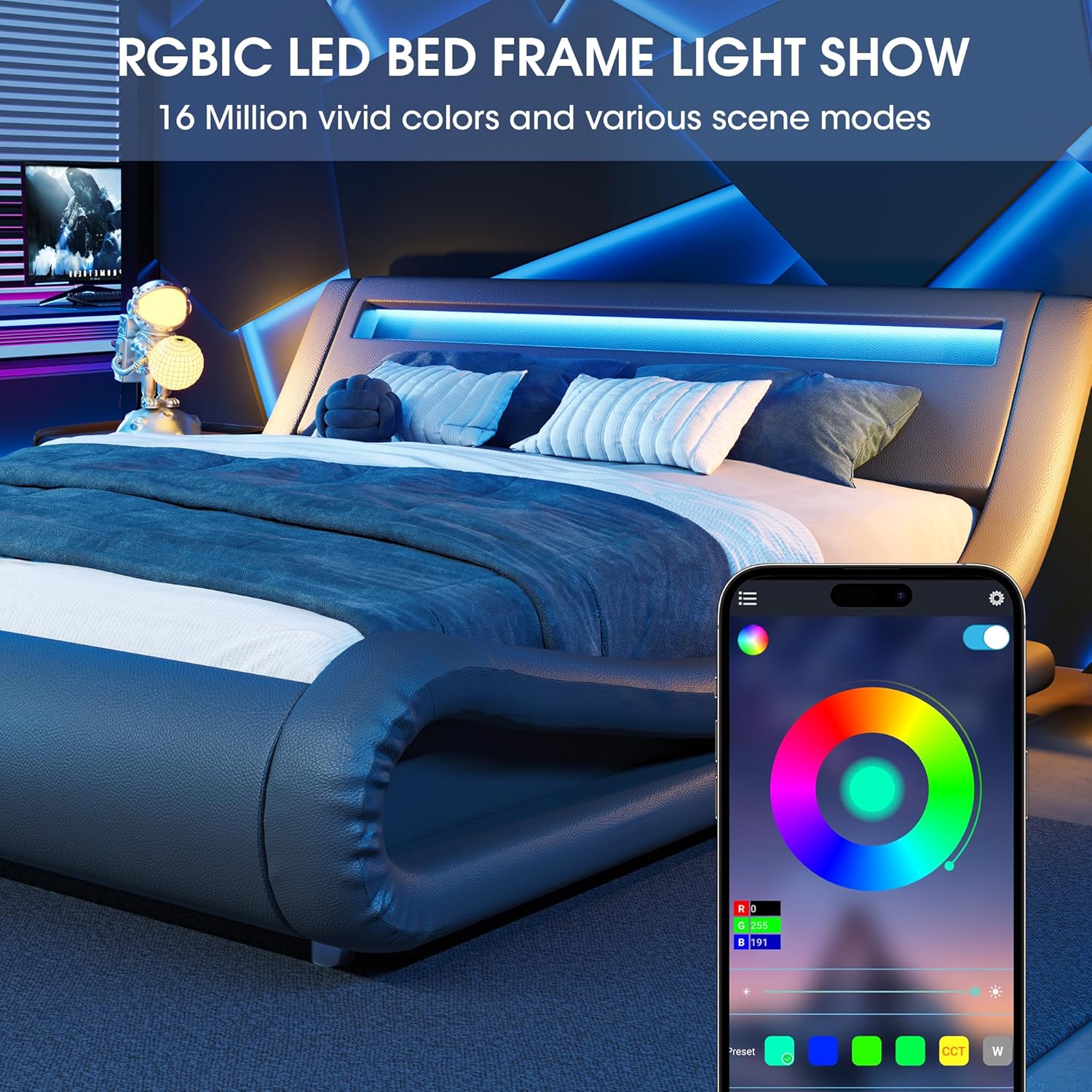 WEEWAY Modern King Bed Frame with RGBW LED Lights Headboard, Low Profile Upholstered Platform Sleigh Design, Strong Wood Slats Support, No Box Spring Needed, Grey