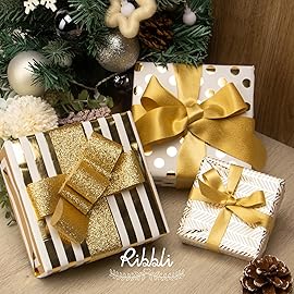 Ribbli Birthday Wrapping Paper White and Gold Gift Wrapping Paper for Christmas Mini Roll, 3 Rolls Polka Dots Stripes Geometry Pattern with Gold Foil - 17 inch x 120 inch(10feet) Per Roll