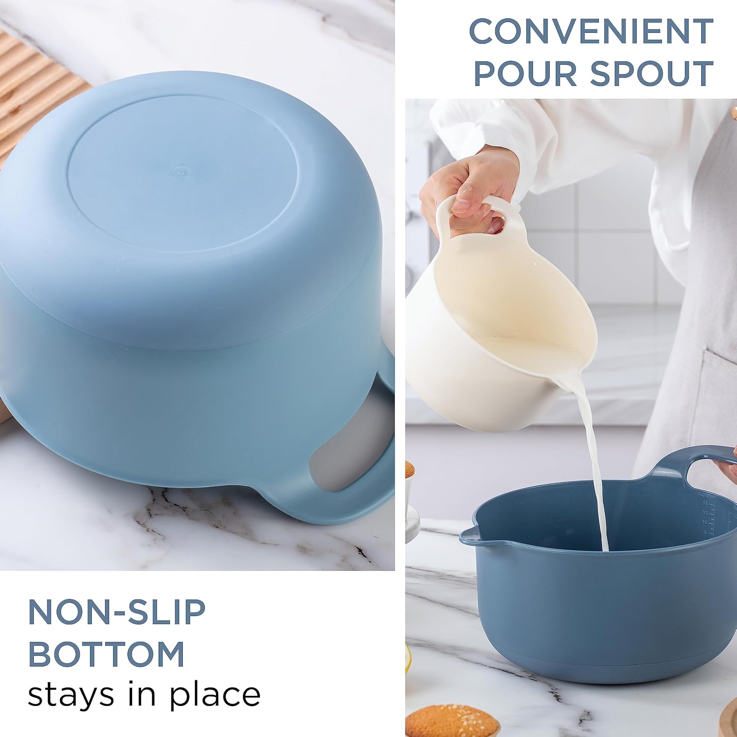 COOK WITH COLOR Nesting Plastic Mixing Bowl Set with Pour Spouts and Handles, Blue, 4 Piece Non-Slip