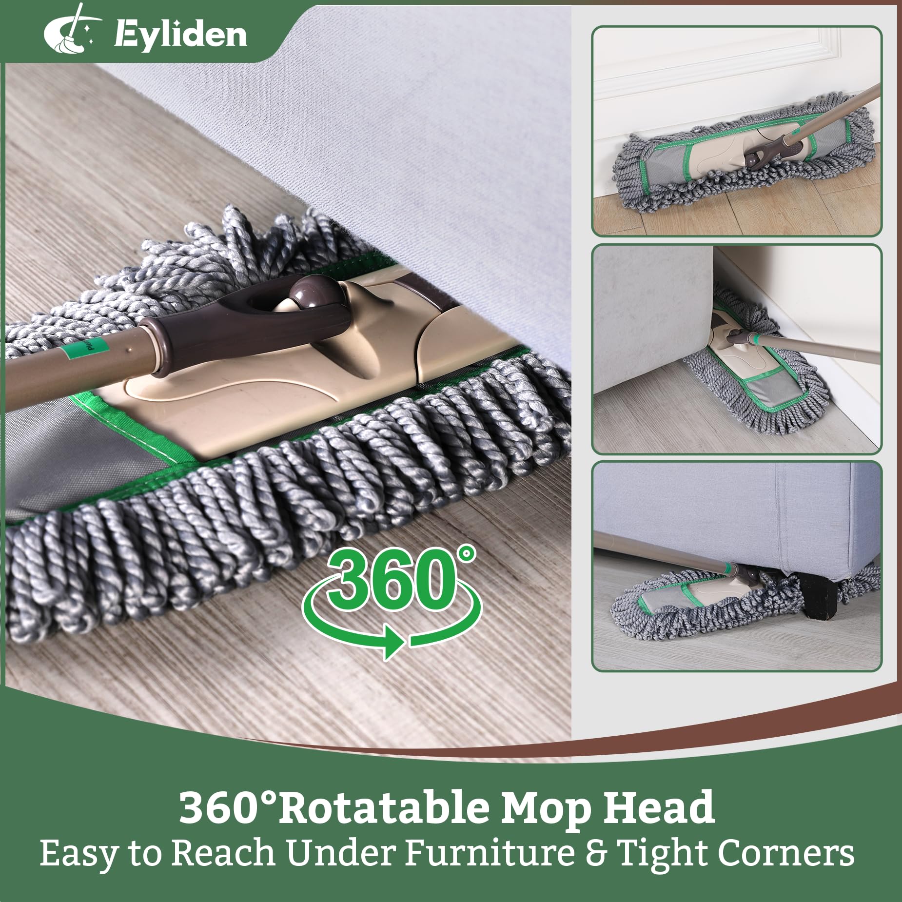 Eyliden Pro - Mopas antipolvo para limpieza de suelos, 3 almohadillas de microfibra lavables, reemplazo con un solo clic, mango telescópico, diseño profesional para suelos y pelo de mascotas (gris +