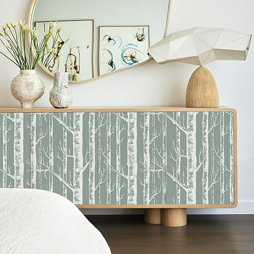Miniatura 7 de VEELIKE Papel tapiz de abedul verde salvia, papel tapiz de abedul prepegado, mural de 17.7 x 354 pulgadas, papel de contacto autoadhesivo