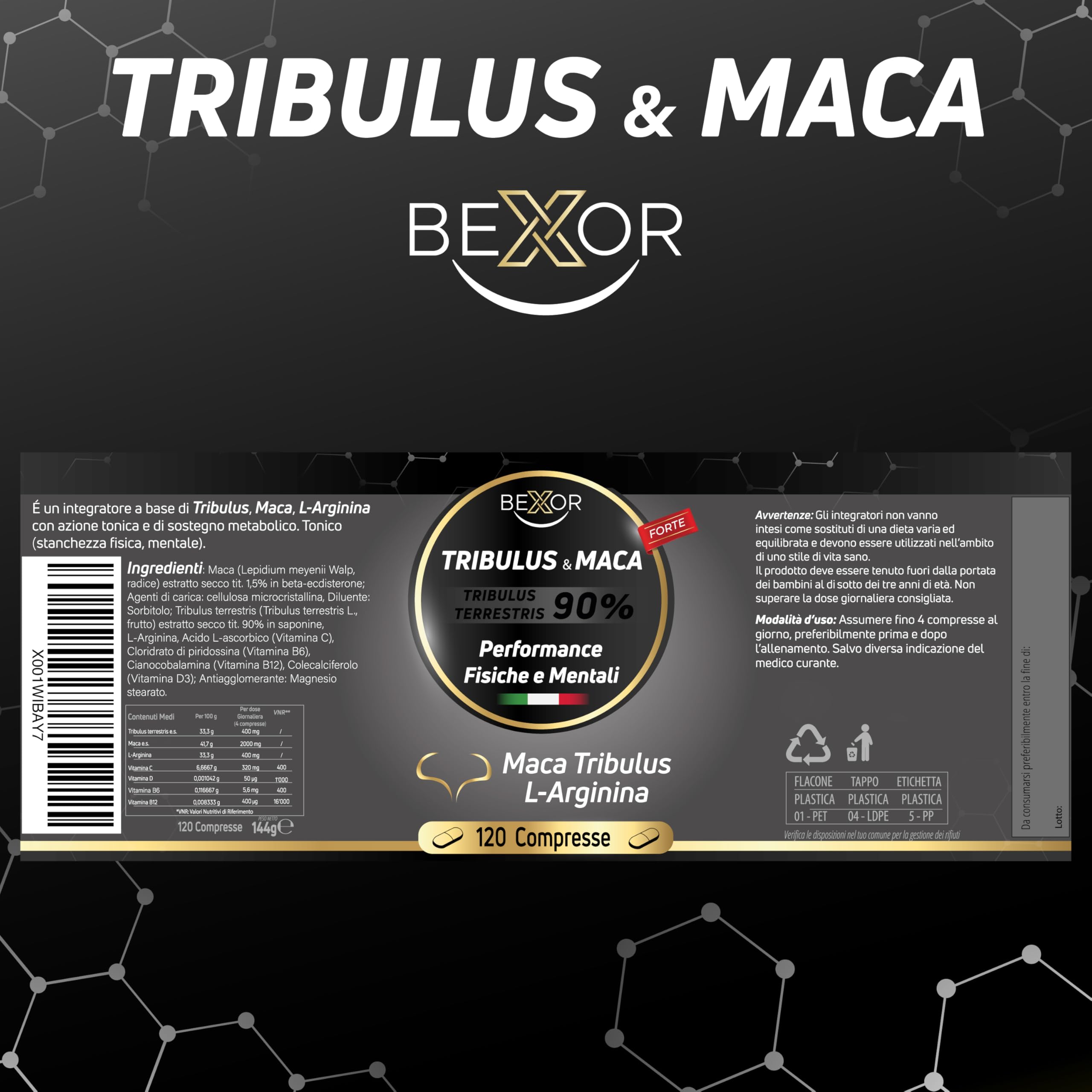 Maca Peruviana Nera + Tribulus Terrestris + Arginina + Vitamina B C D | Alto Dosaggio | 120 compresse | Integratore per Vigore fisico e mentale | Bexor