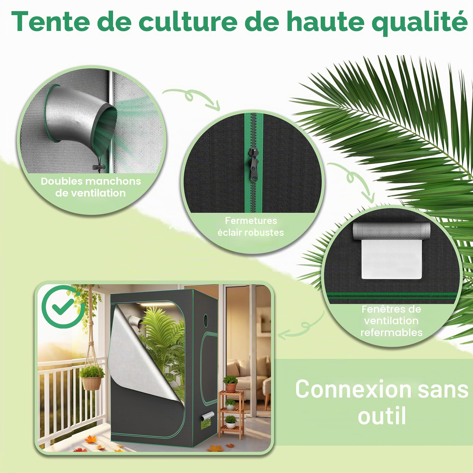 LZQ Tente de culture pour plantes d'intérieur - 60 x 60 x 140 cm - Avec cadre en acier et tissu Oxford 600D - Pour la culture hydroponique et la culture des plantes