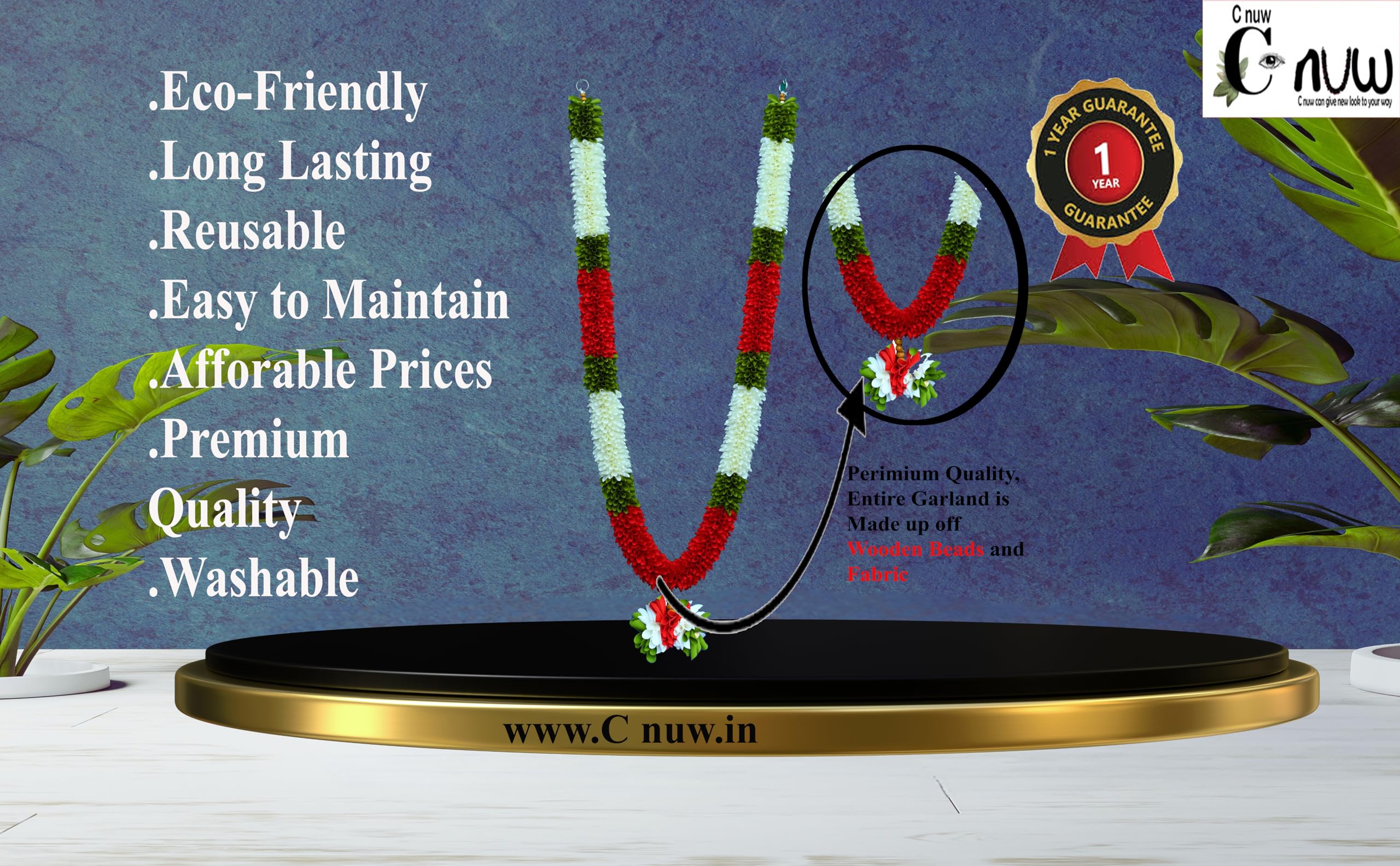 C nuw Artificial Handmade Garland Long Lasting Mala for Decoration with Wooden Beads and Fabric WG2 Green, White, Red Colour 1