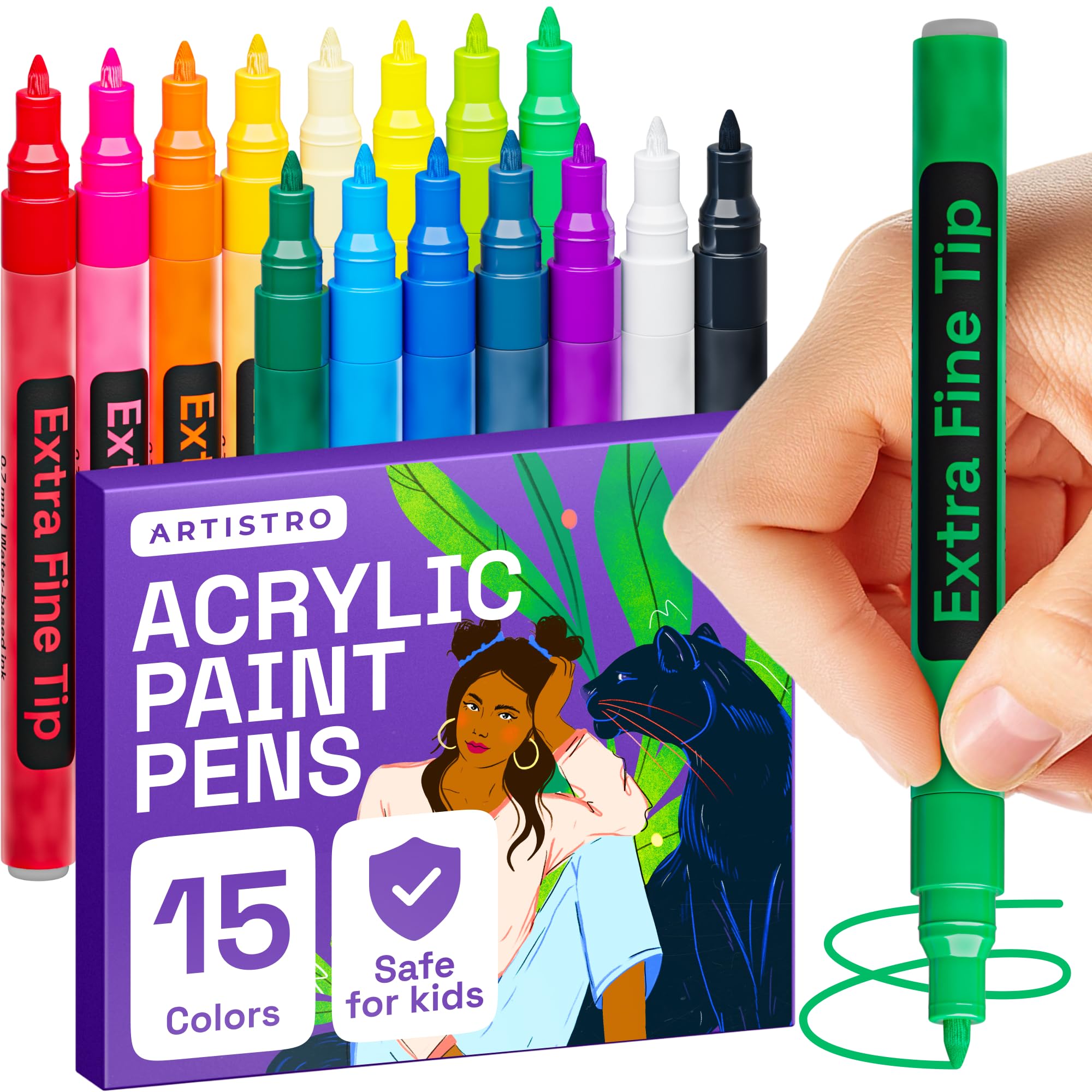 ARTISTRO 15 Acrylic Paint Pens, Art Set Acrylic Paint Markers, Fabric Markers for Textile, Canvas, Rock, Glass, Wood, Paper, Pumpkin, DIY for Kids and Adults