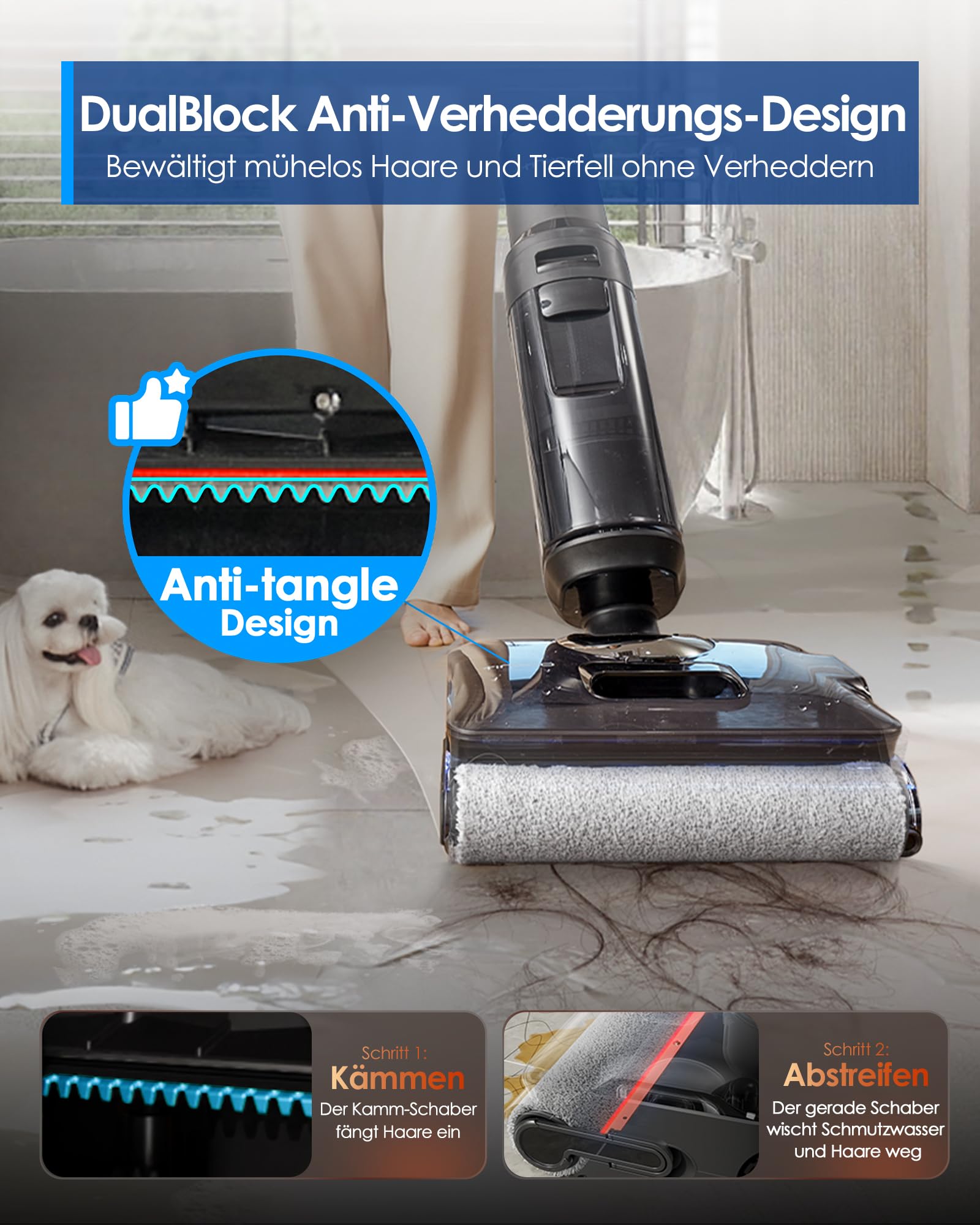 Tineco FLOOR ONE S7 Stretch Steam Nass Trockensauger 160 °C HyperSteam Dampfreiniger, 80 Min Laufzeit, DualBlock Anti-Tangle