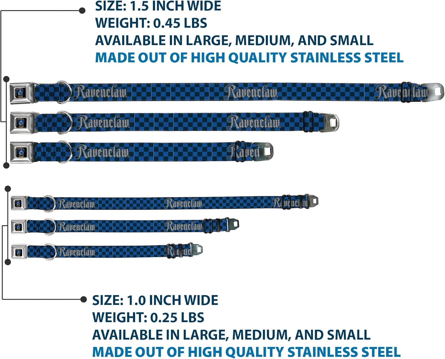 Warner Bros. Pet Collar, Dog Collar Metal Seatbelt Buckle, Harry Potter Ravenclaw Checker Blues Grays, 20 to 31 Inches 1.5 Inch Wide