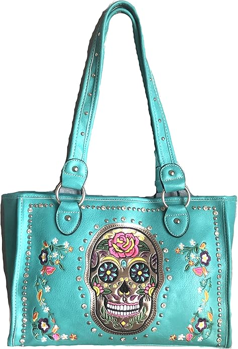 sugar skull day of the dead embroidery gun concealed carry handbag purse (blue)