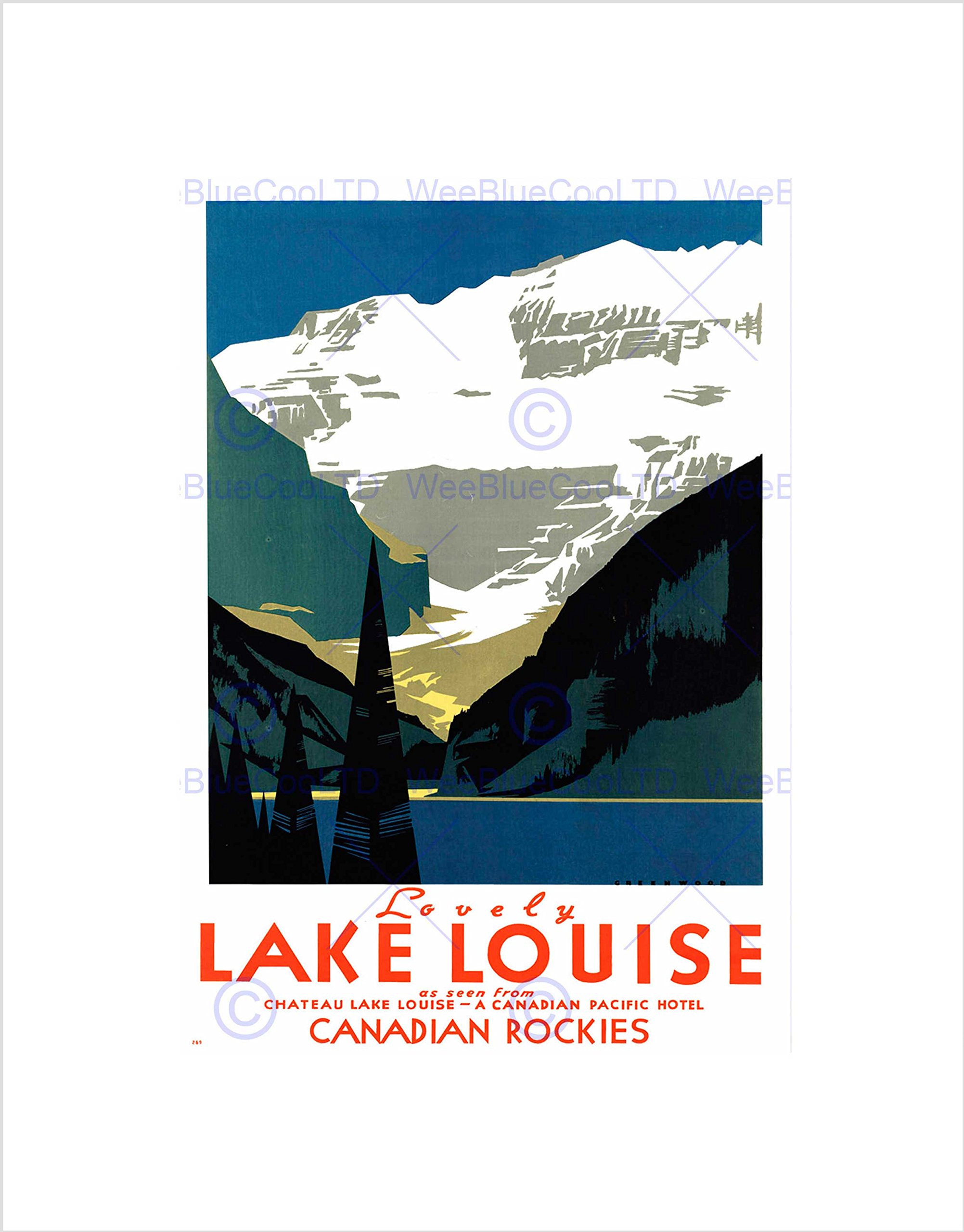 Wee Blue Coo TRAVEL LAKE LOUISE CANADIAN ROCKIES MOUNTAIN TREE HOTEL FRAMED PRINT B12X6451