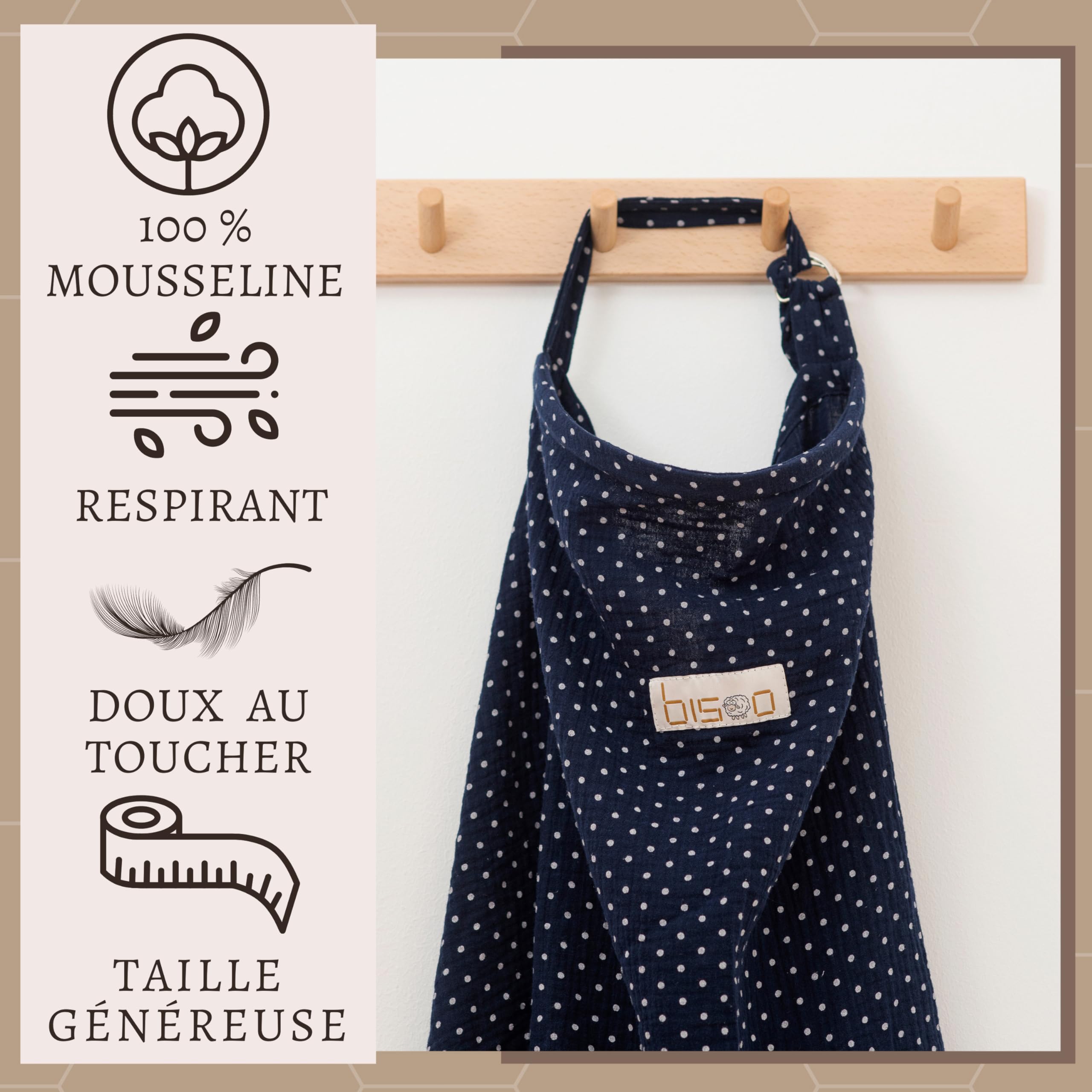 Bisoo Cape d' Allaitement Réglable en Mousseline 100% Coton - Couverture avec Sac Inclus - Confort, Respirante, Doux et Polyvalente - Bleu Marine