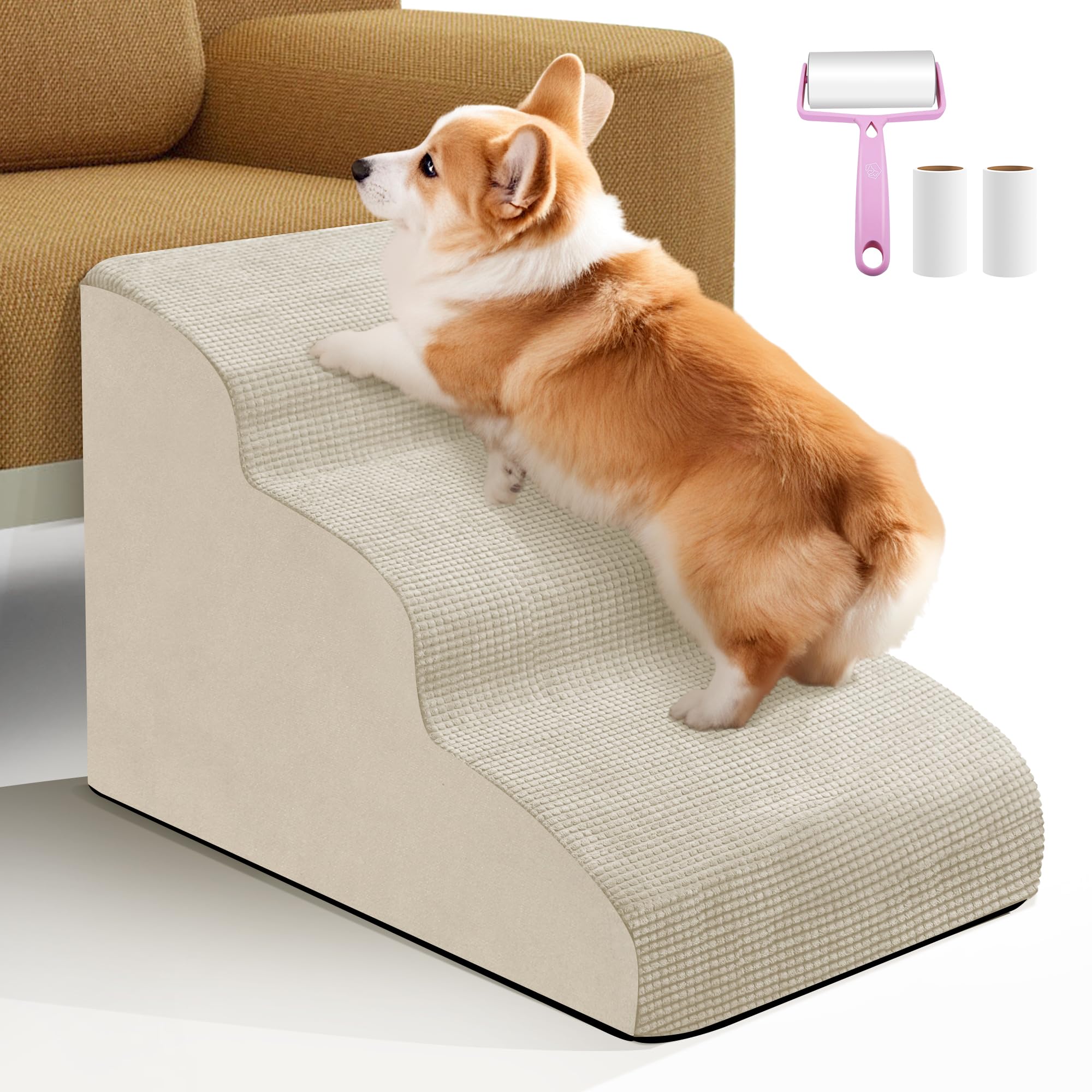 Rampa per cani a 3 gradini per cani e gatti di piccola taglia, giallo paglia, scala per animali domestici per divano e letto, in schiuma antiscivolo, con copertura rimovibile e lavabile, set di rulli