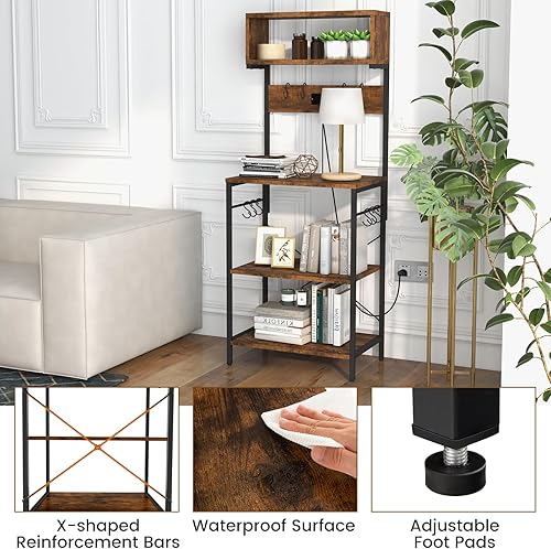 Miniatura 9 de Giantex Estante para panaderos con toma de corriente, soporte de microondas de 5 niveles con 10 ganchos en forma de S, estante de almacenamiento