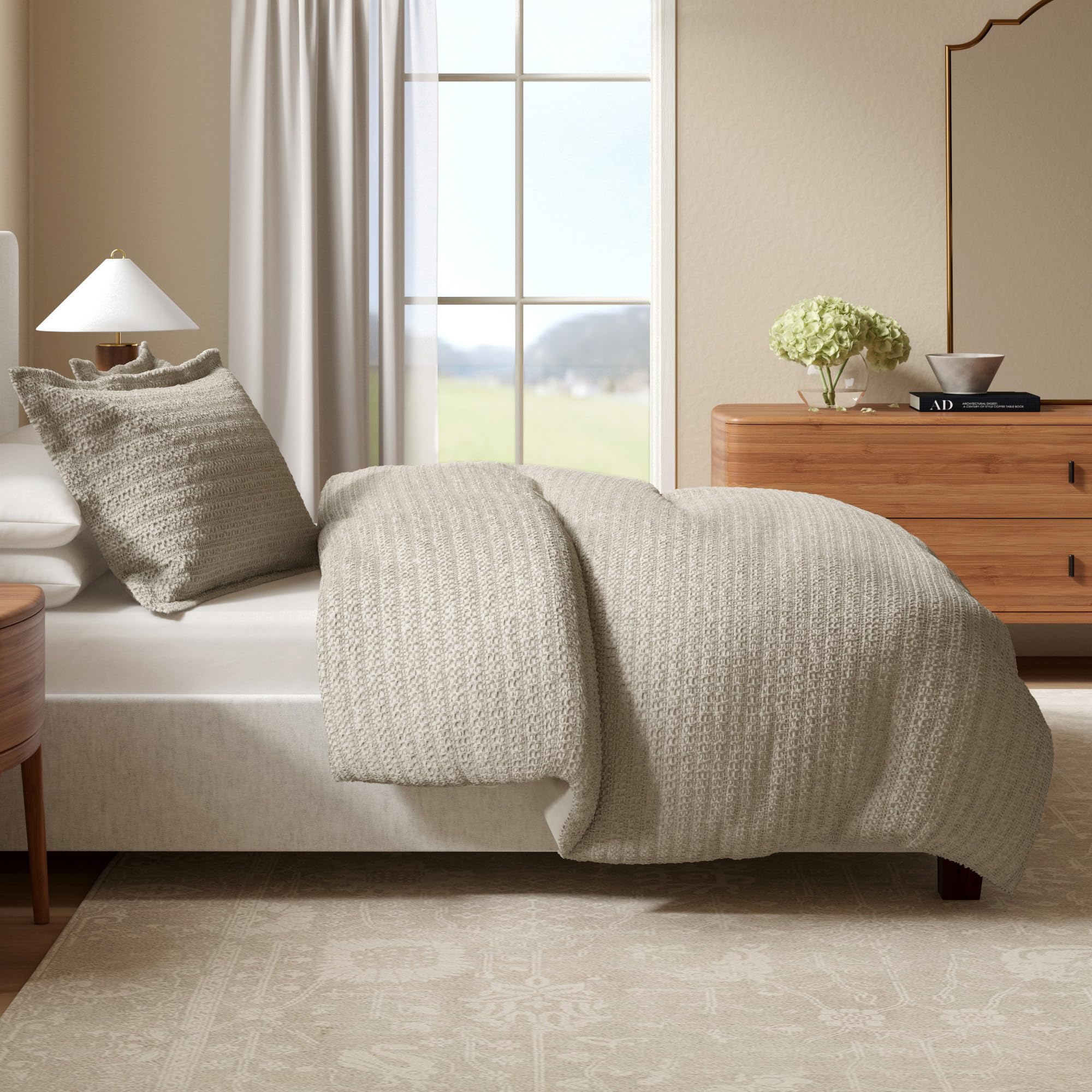 great bay home 100% natural cotton duvet cover set, full/queen size - honeycomb waffle taupe duvet cover with button closure & 2 pillow shams - boho bedroom decor