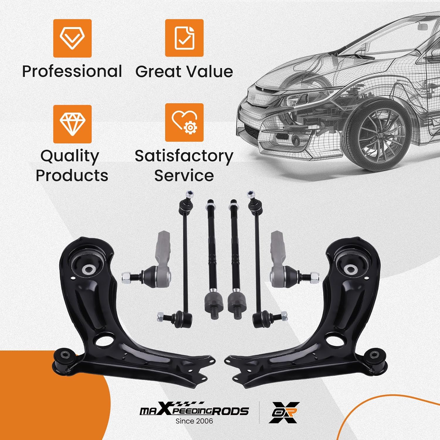 maXpeedingrods 8Pc Suspension Kit for Volkswagen Jetta 2011-2018, 2 Front Lower Control Arms 2 Sway Bar Links 4 Outer & Inner Tie Rods