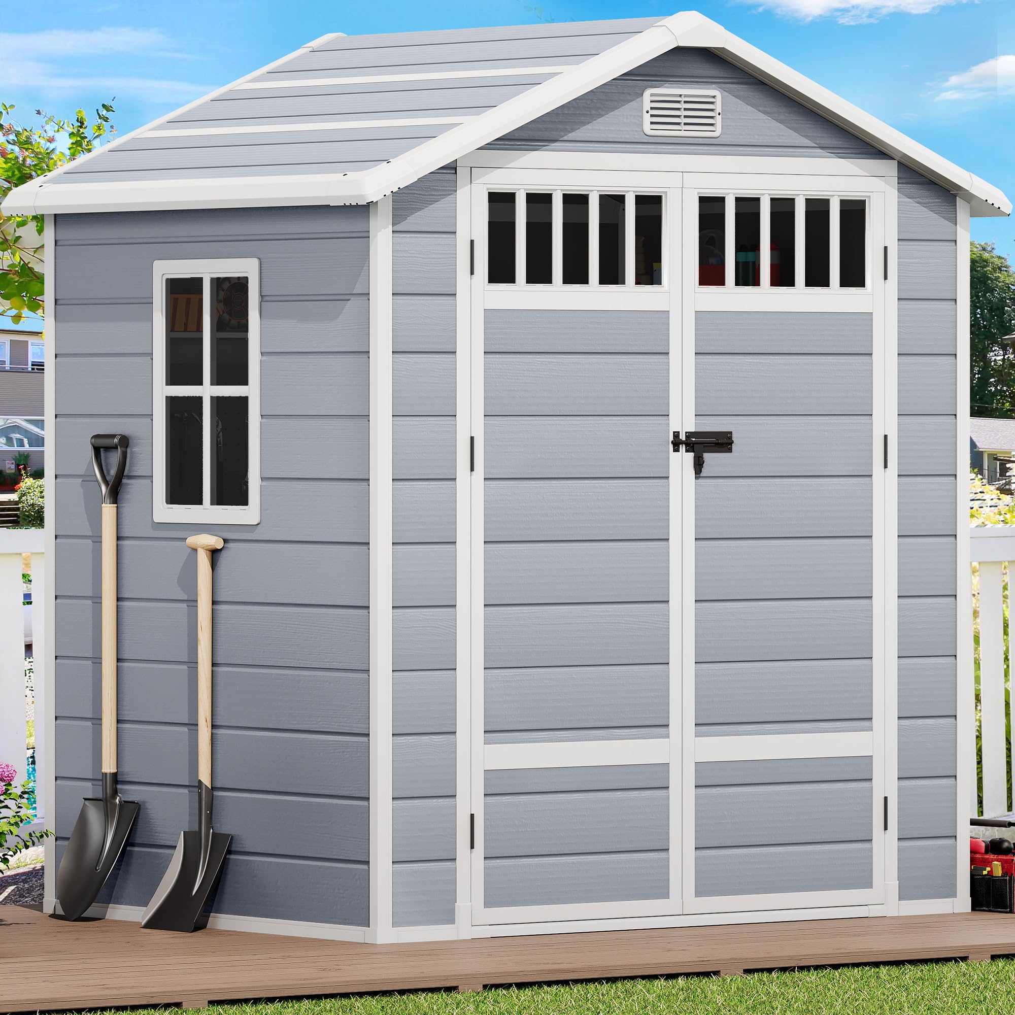 Photo 1 of ***MULTIPLE BOX SET*** DWVO 6x4.4 FT Resin Storage Shed with Fence-Style and Side Windows, Lockable Door, and Vents Outdoor Storage Shed for Garden, Backyard, Patio, Lawn