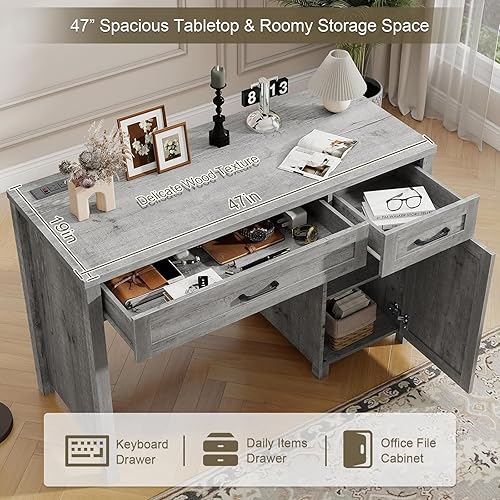 Miniatura 3 de Vabches - Escritorio ejecutivo de granja de 47 pulgadas, escritorio para ordenador con cajones y gabinete de almacenamiento, estación de trabajo