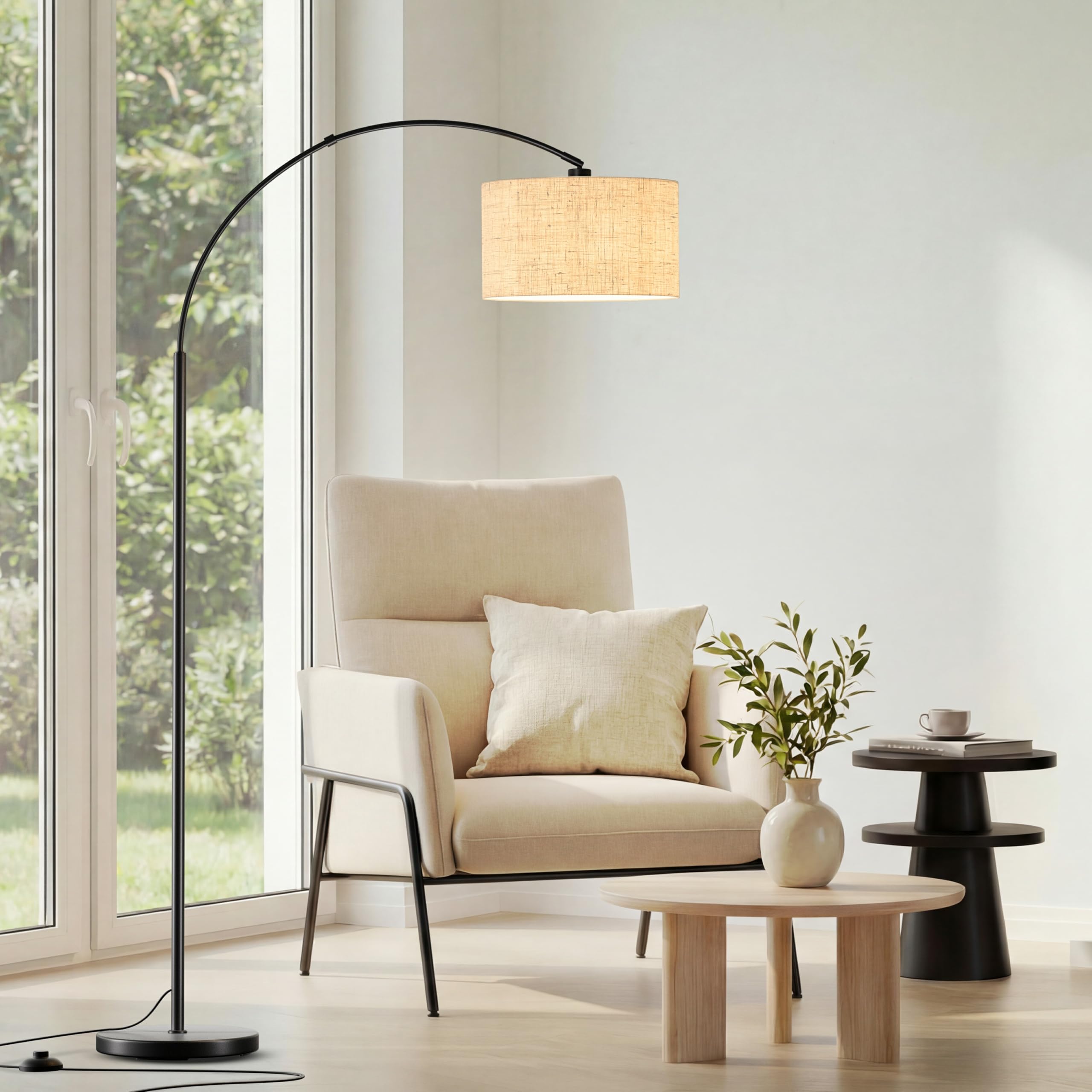 Moderne Bogen-Stehlampe für Wohnzimmer, 3-stufige Farbtemperatur (3000K/4500K/6000K) per Fußschalter, 180 cm höhenverstellbare Bogen-Leselampe mit E27 LED-Lampe für Schlafzimmer, Büro, Beige