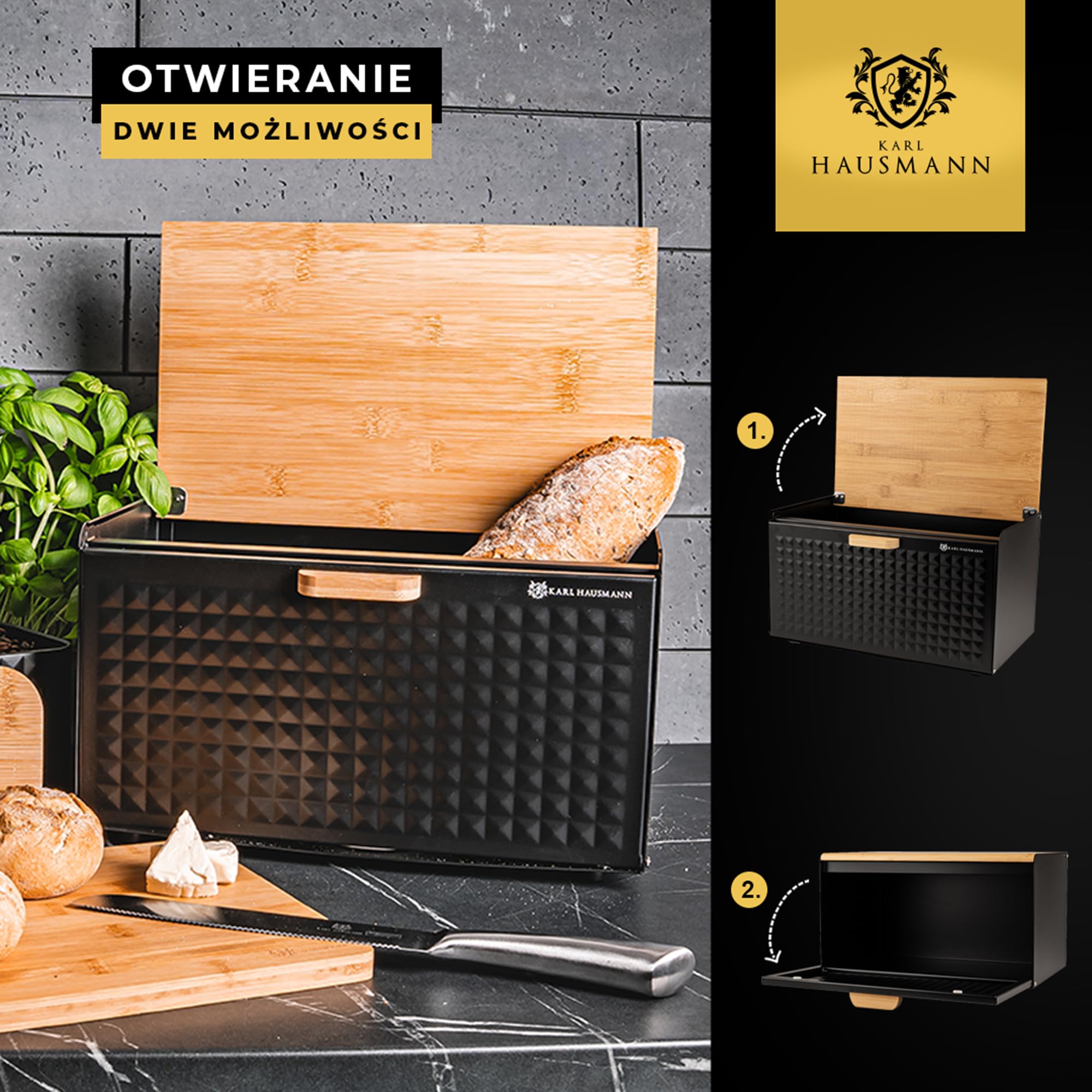 KARL HAUSMANN Chlebak na Pieczywo - Czarny Mat - Metalowy Pojemnik z Bambusową Pokrywą - Otwierany od Góry i z Przodu - Nowoczesny Design, Stylowy Chlebak Kuchenny