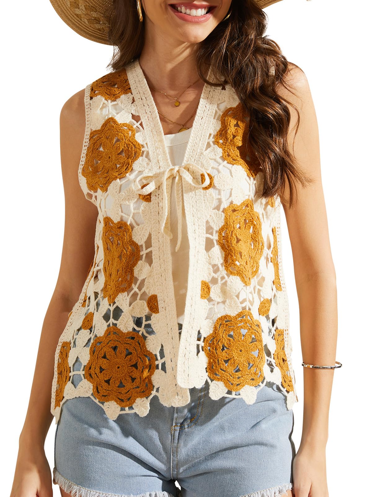 Womens Boho Crochet Vest Lightweight Sleeveless Summer Cardigan with Tie Front Hollow Knit Cover Up