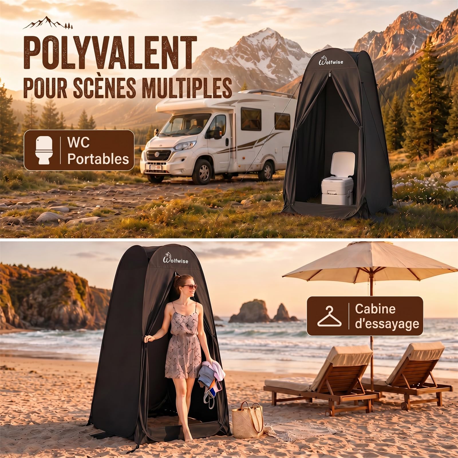 WolfWise Tente de Douche Pop Up Toilette Cabinet de Changement Camping Abri de Plein Air Vestiaire Extérieure Intérieure Portable, Largeur 40" (101 cm), Hauteur 75" (190 cm), Noir