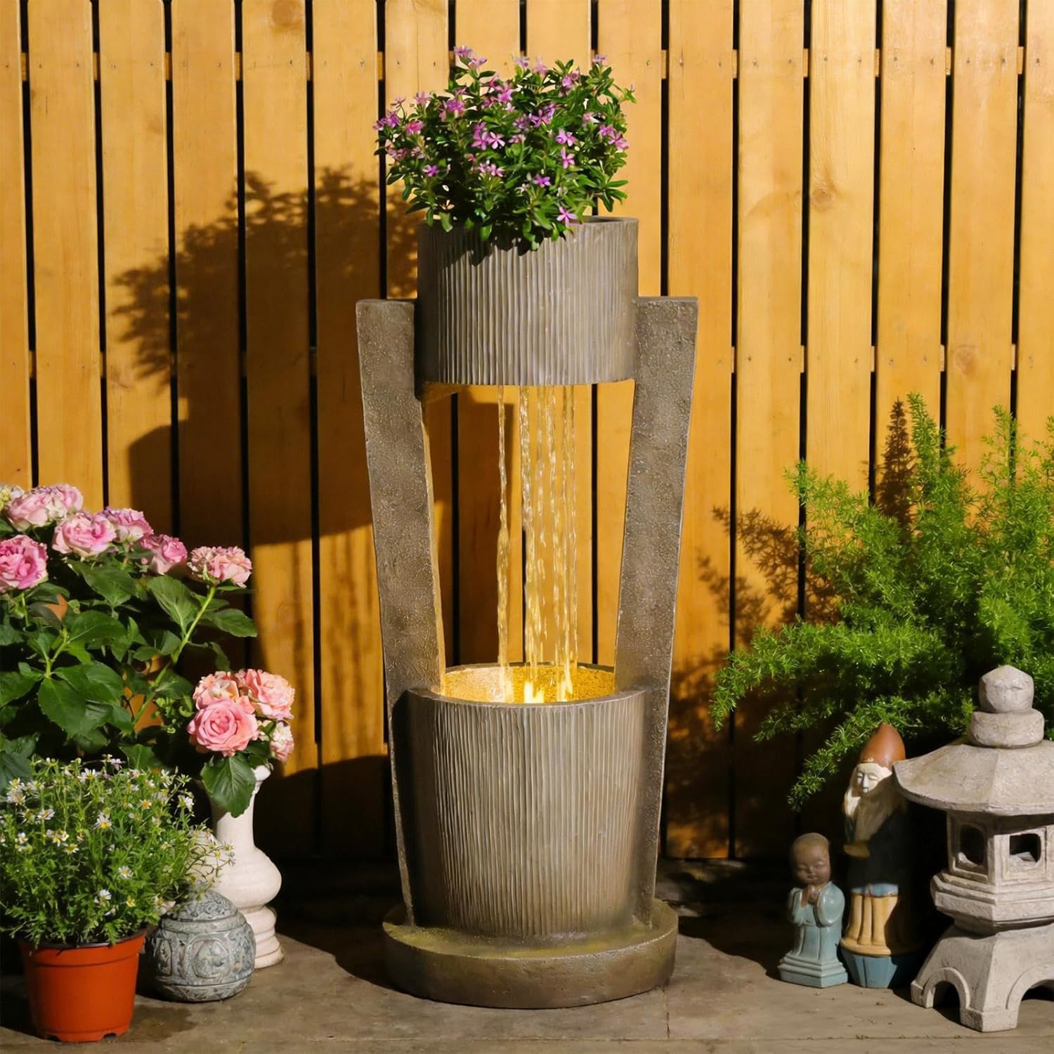Sunlinua 29.7" H Modern Outdoor Water Fountain Cascading Realistic Rock Waterfall Fountains with LED Lights Outdoor Water Fountain for Garden Patio Backyard Porch Home Decor