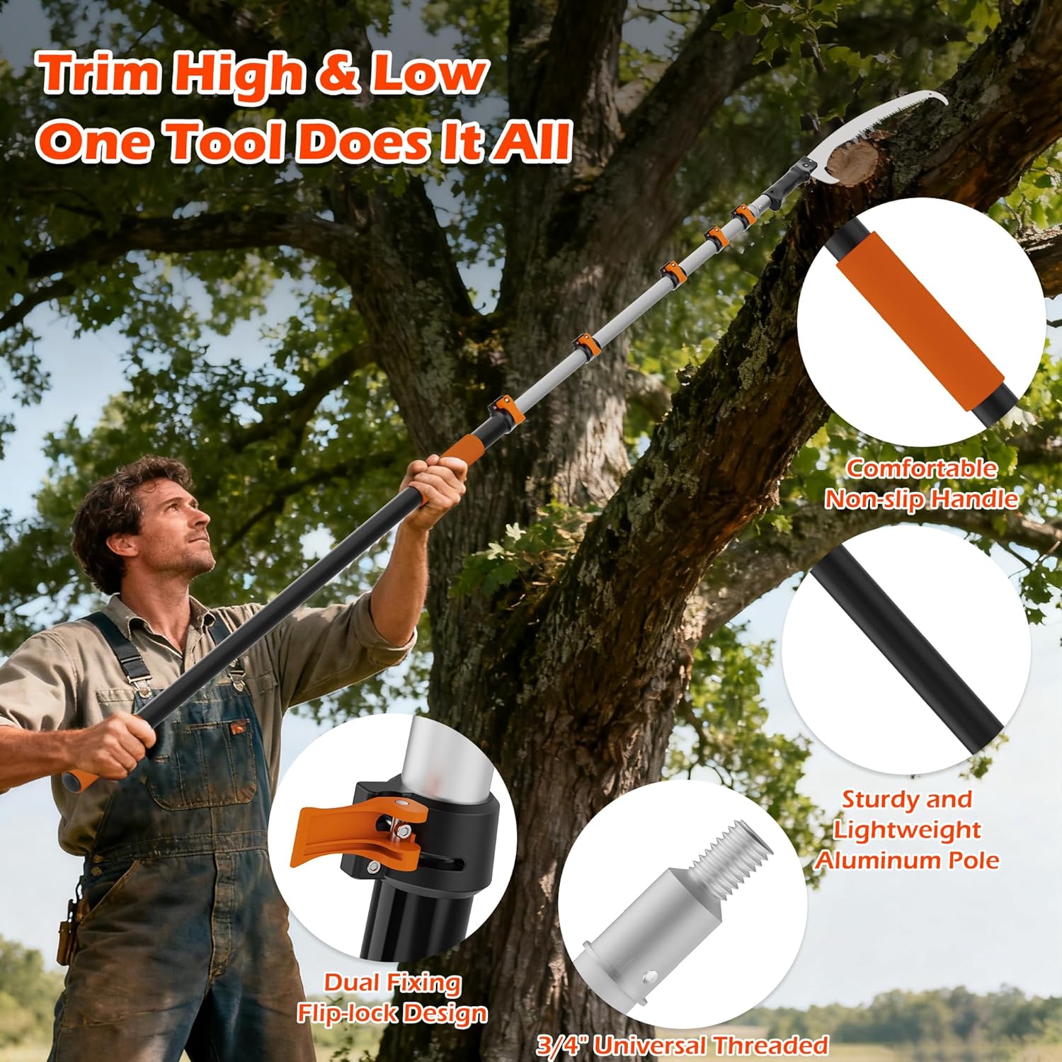 30FT Manual Pole Saw for Tree Trimming, 5-24FT Telescoping Extension Pole with Flip-Lock & Screw Dual Locking, 19" 3X Detachable Pruning Saw Head, Yard Maintenance Pruner for Garden Palms Shrubs