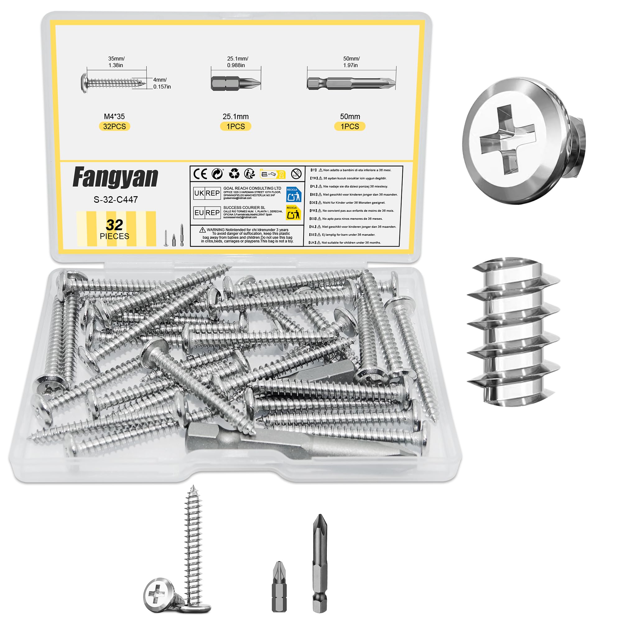 Fangyan 32PCS M4 x 35mm Phillips Cross Flat Head Self Tapping Wood Screws, 304 Stainless Steel Fasteners with 2 Magnetic Screwdriver Bits for Furniture Assembly, Cabinets & DIY Wood Repairs