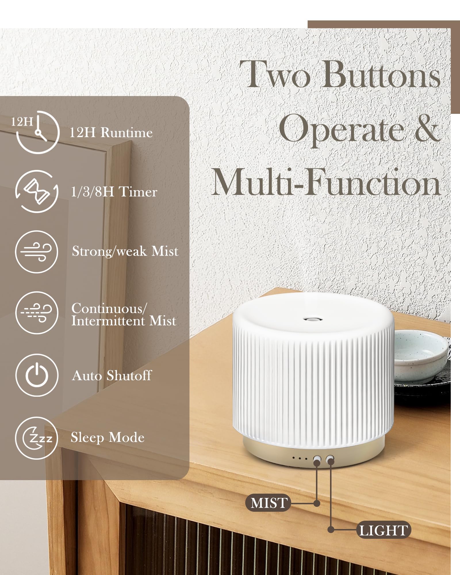 Onaboviva Diffusore di oli essenziali in ceramica da 280 ml, diffusore decorativo ad ultrasuoni per aromaterapia con spegnimento automatico, funzionamento silenzioso, 3 impostazioni di timer per