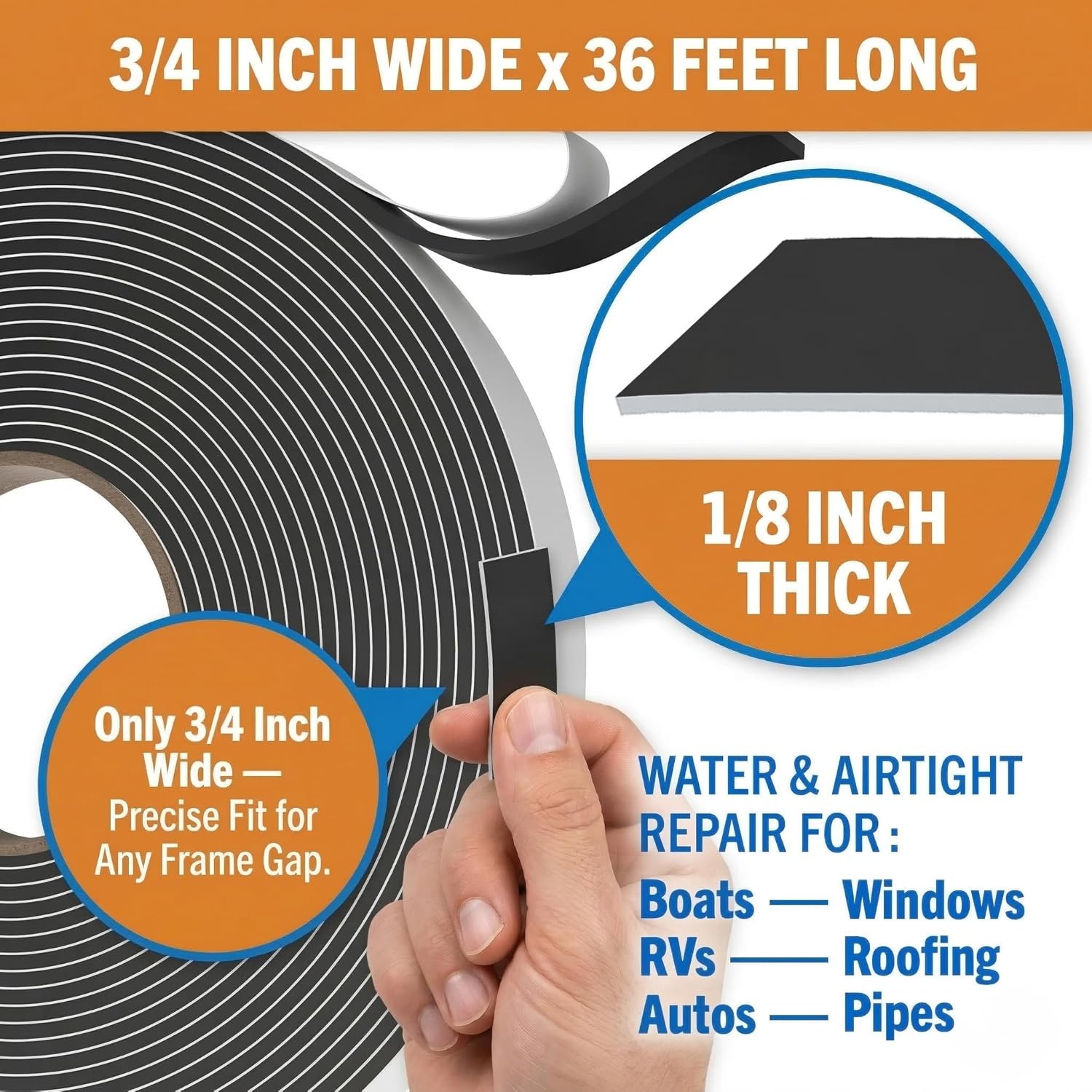 Better Boat Butyl Tape for RV Roof and Boat, 36 Feet Black Putty Window Sealant Tape, Waterproof Weather Resistant, 3/4 Inch Wide x 1/8 Inch Thick