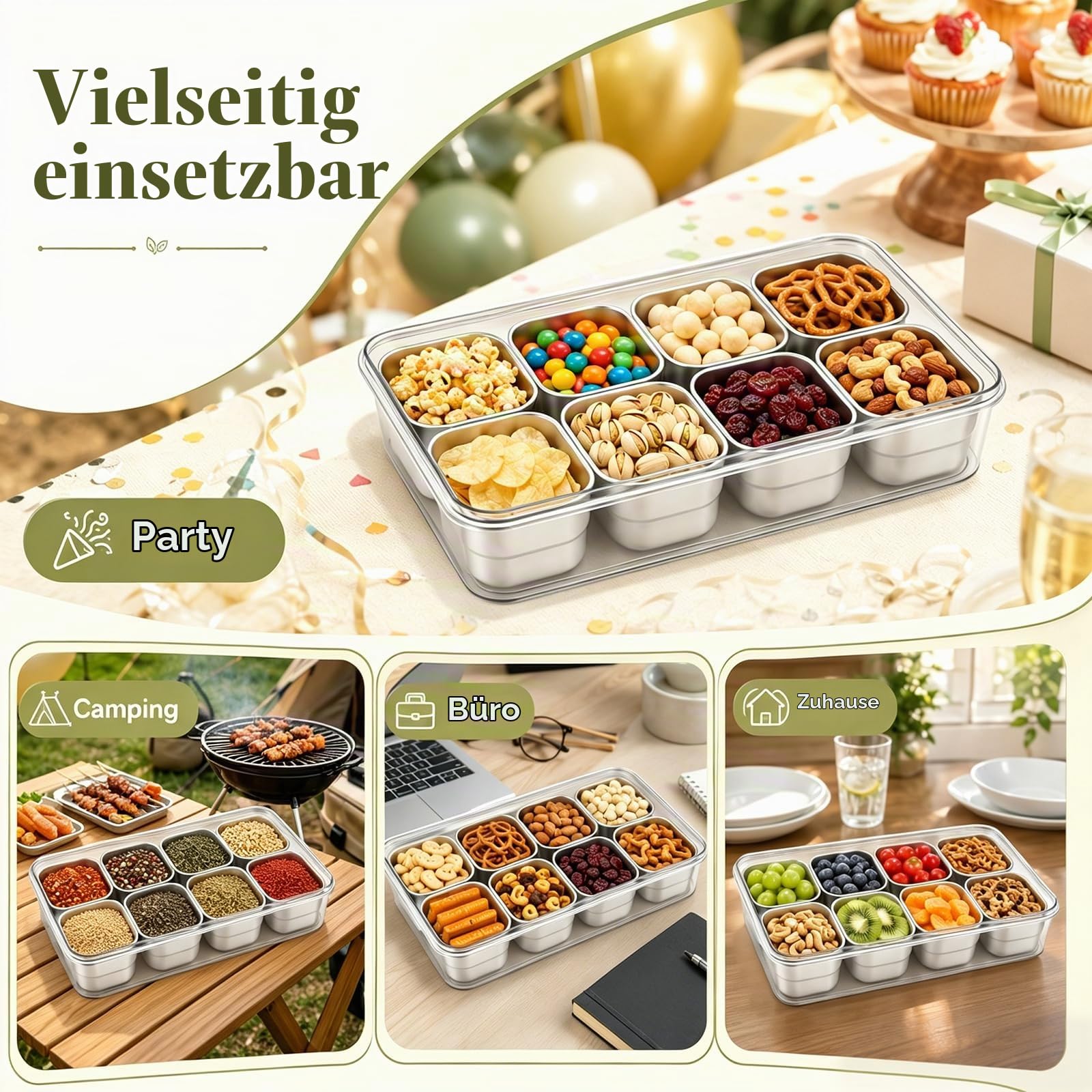 Snackbox mit 8 Edelstahl Fächern, Tragbar snack Aufbewahrungsbox, mit äußerer Deckel Besteckfach und Griff, Der 8 Snackteller hat eigenen Deckel, Auslaufsicherer Snackdose Organizer für Reise und Büro