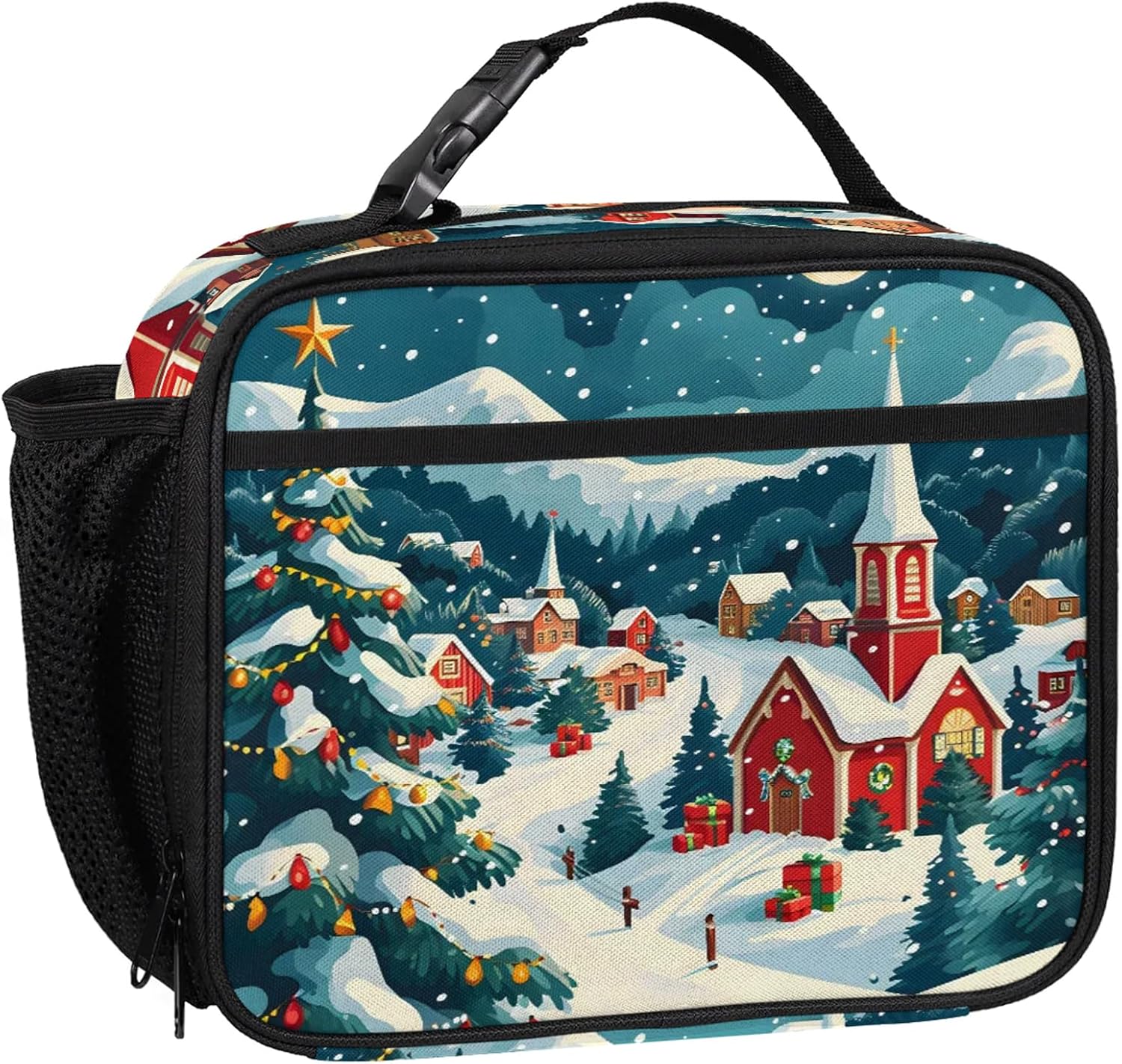 Christmas Winter Town Insulated Lunch Box Reusable Lunch Cooler Tote Bags for Picnic Hiking Work Beach Travel Camping