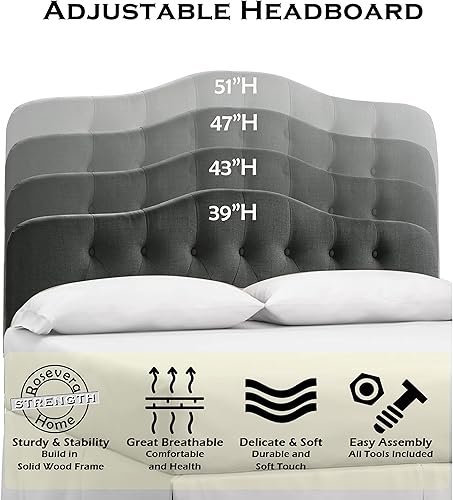 Miniatura 3 de Rosevera Harriman - Cabecero de altura ajustable con tapicería de lino y acolchado de botones, tamaño Queen, carbono